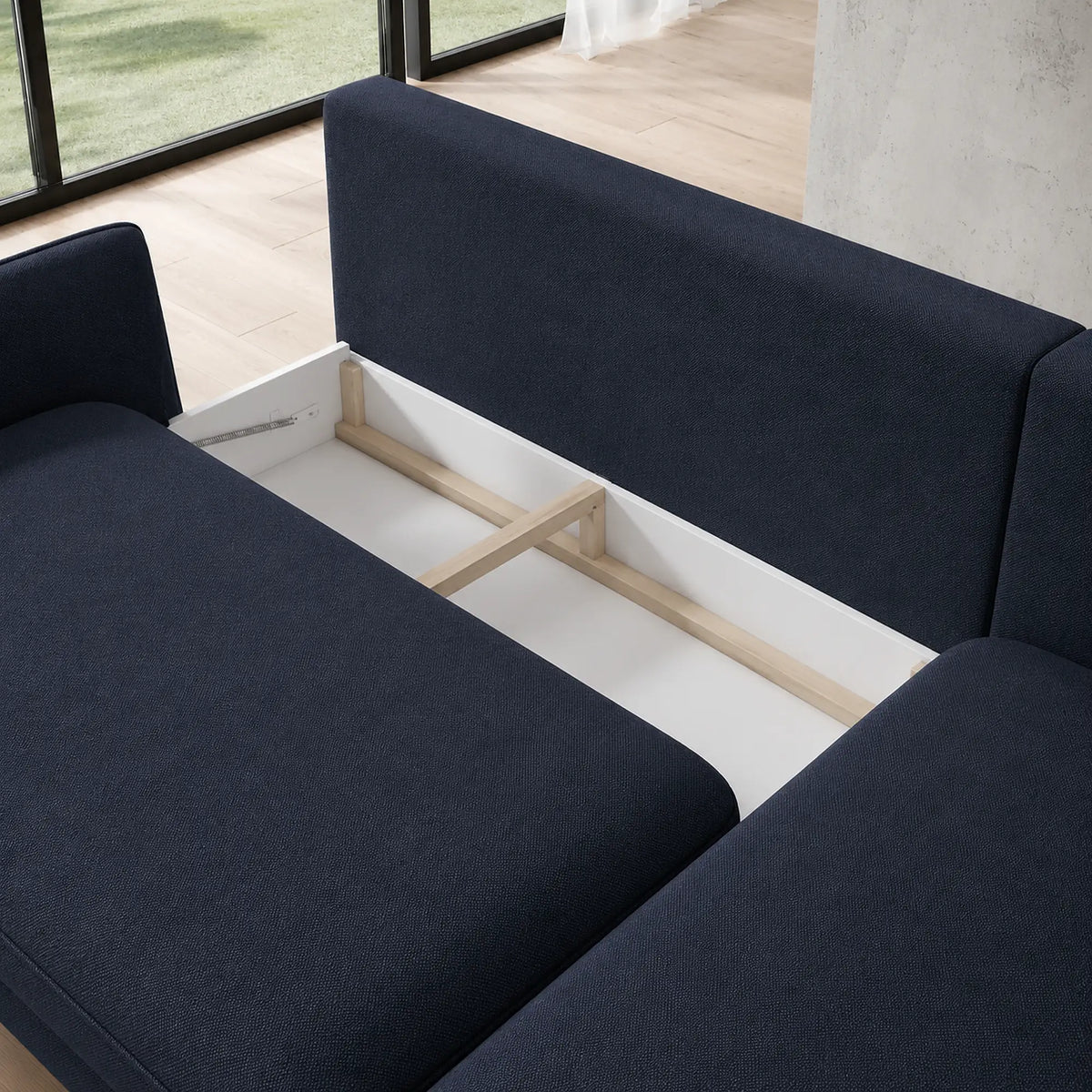Coltar extensibil SOLANO, sezlong dreapta, stofa clasica albastru inchis - Austin 15, cu lada depozitare, 260x167x83 cm