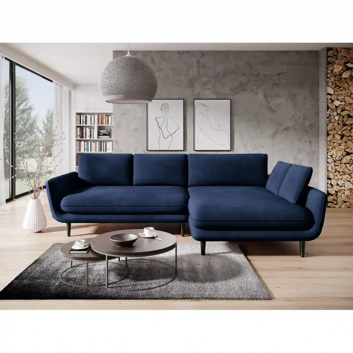 Coltar extensibil SOLANO, sezlong dreapta, stofa clasica albastru inchis - Austin 15, cu lada depozitare, 260x167x83 cm