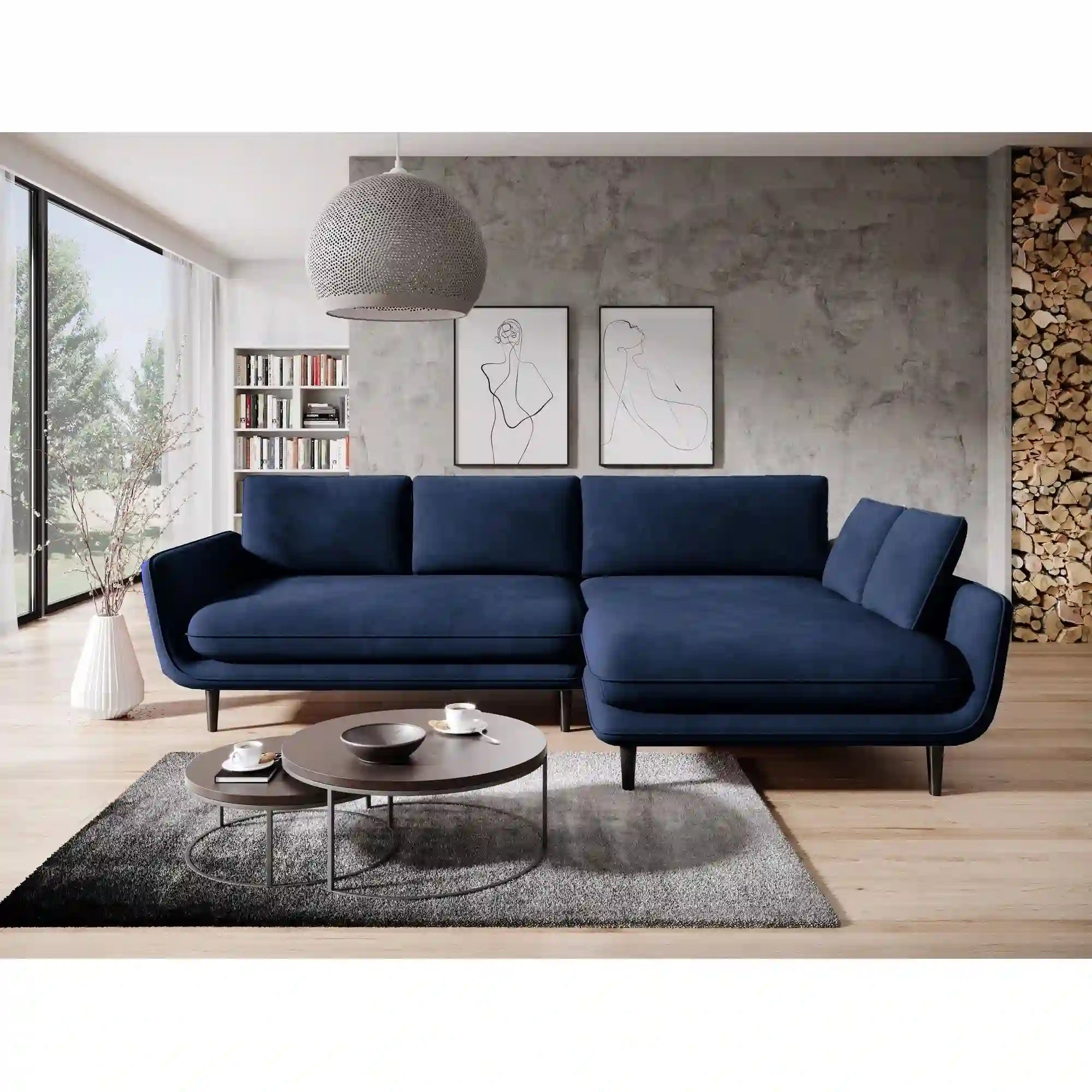 Coltar extensibil SOLANO, sezlong dreapta, stofa clasica albastru inchis - Austin 15, cu lada depozitare, 260x167x83 cm