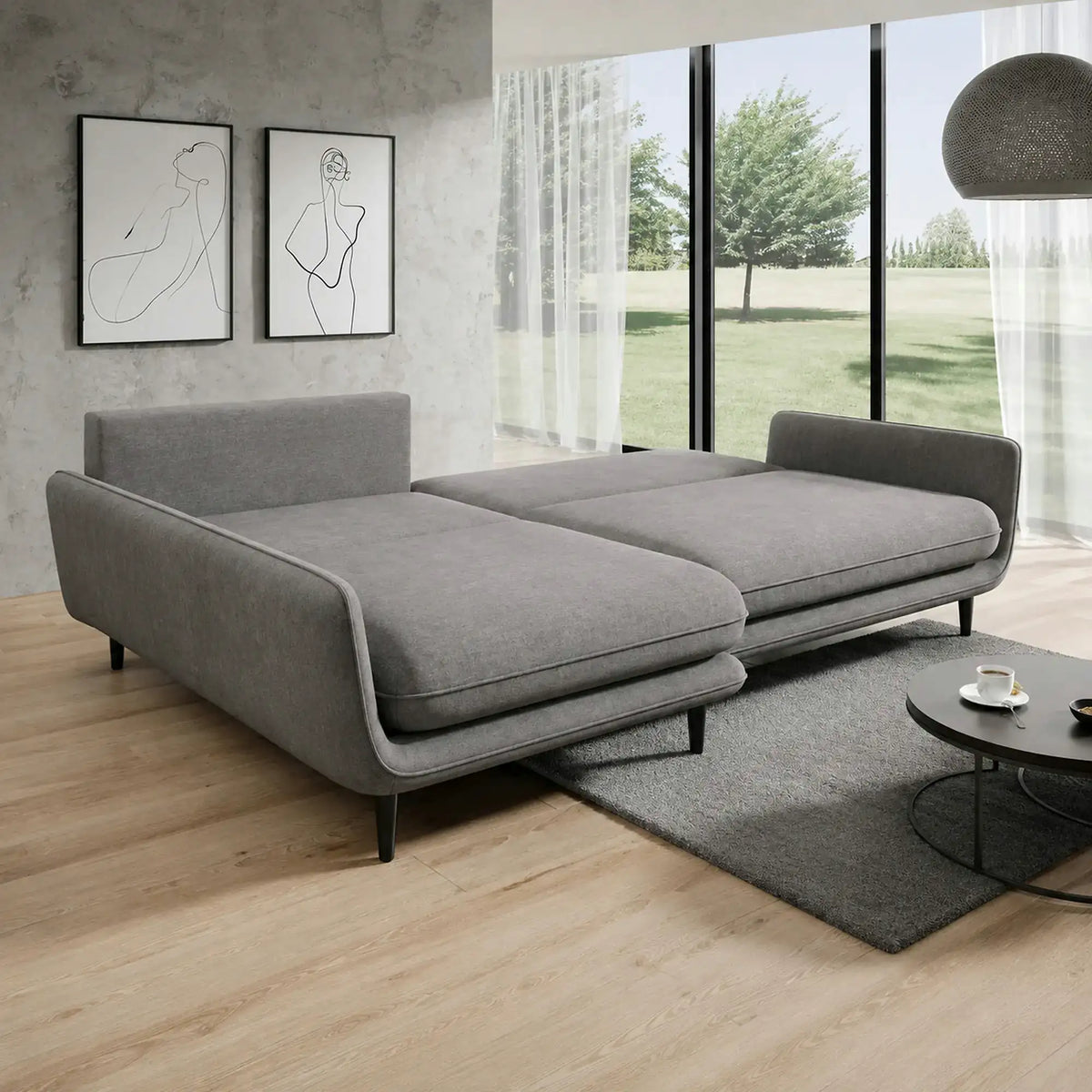 Coltar extensibil SOLANO, sezlong stanga, stofa catifelata gri - Palladium 16, cu lada depozitare, 260x167x83 cm