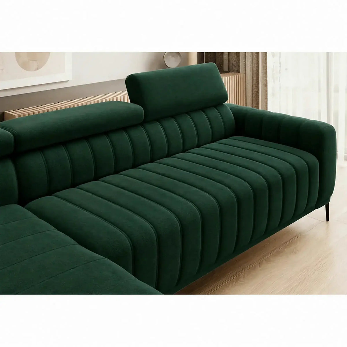 Coltar extensibil stofa catifelata GANDI 120, sezlong stanga, stofa verde - Riviera 38, cu lada depozitare si tetiere reglabile, 261x204x99 cm