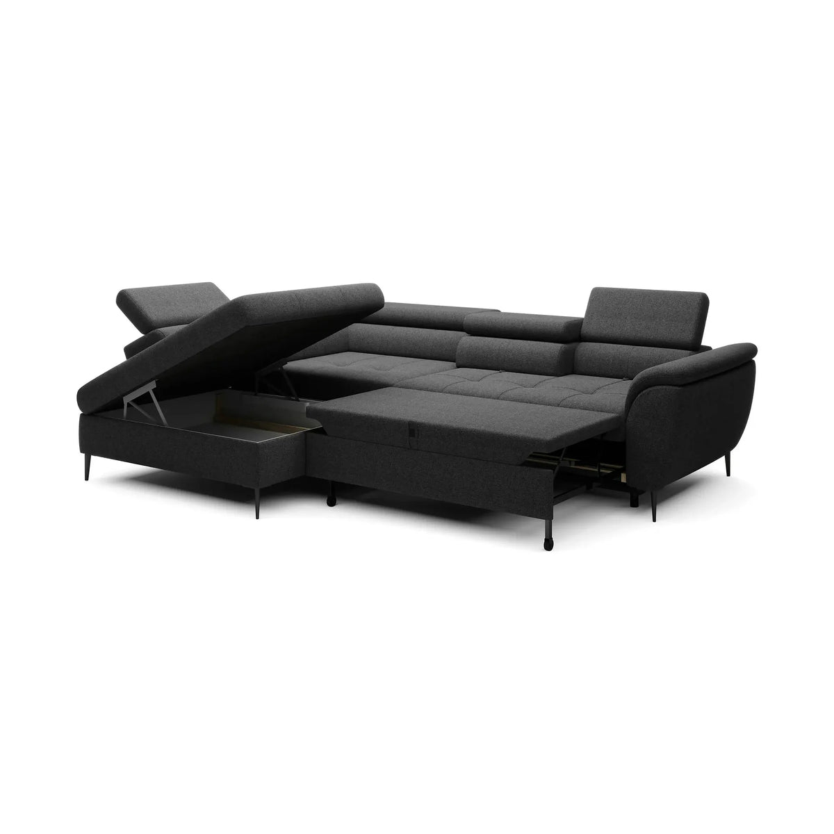 Coltar extensibil TEMPO NEW, personalizabil, cu lada depozitare si tetiere reglabile, 289x218x94 cm