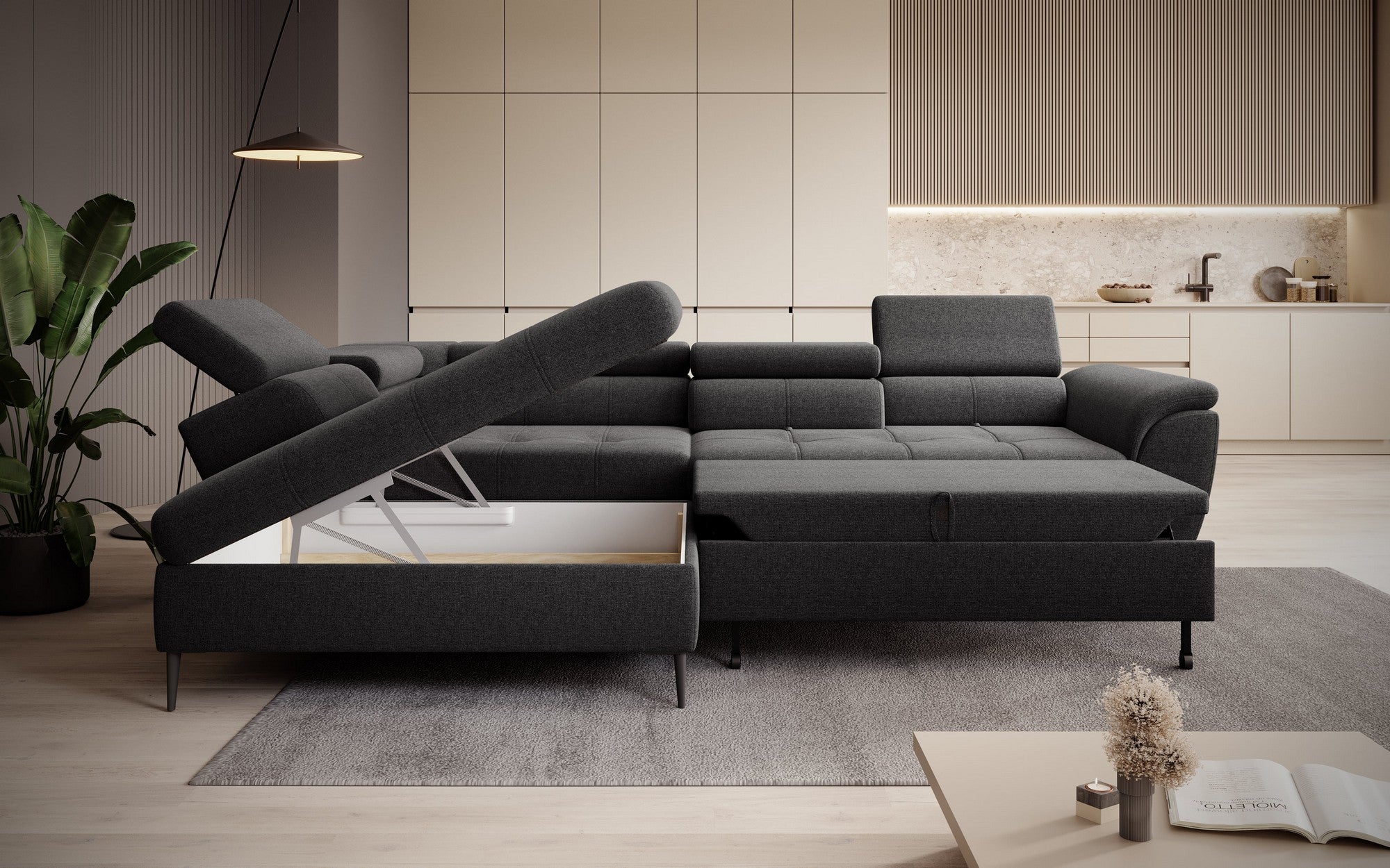 Coltar extensibil TEMPO NEW, personalizabil materiale gama Oferta Avantaj, cu lada depozitare si tetiere reglabile, 289x218x94 cm