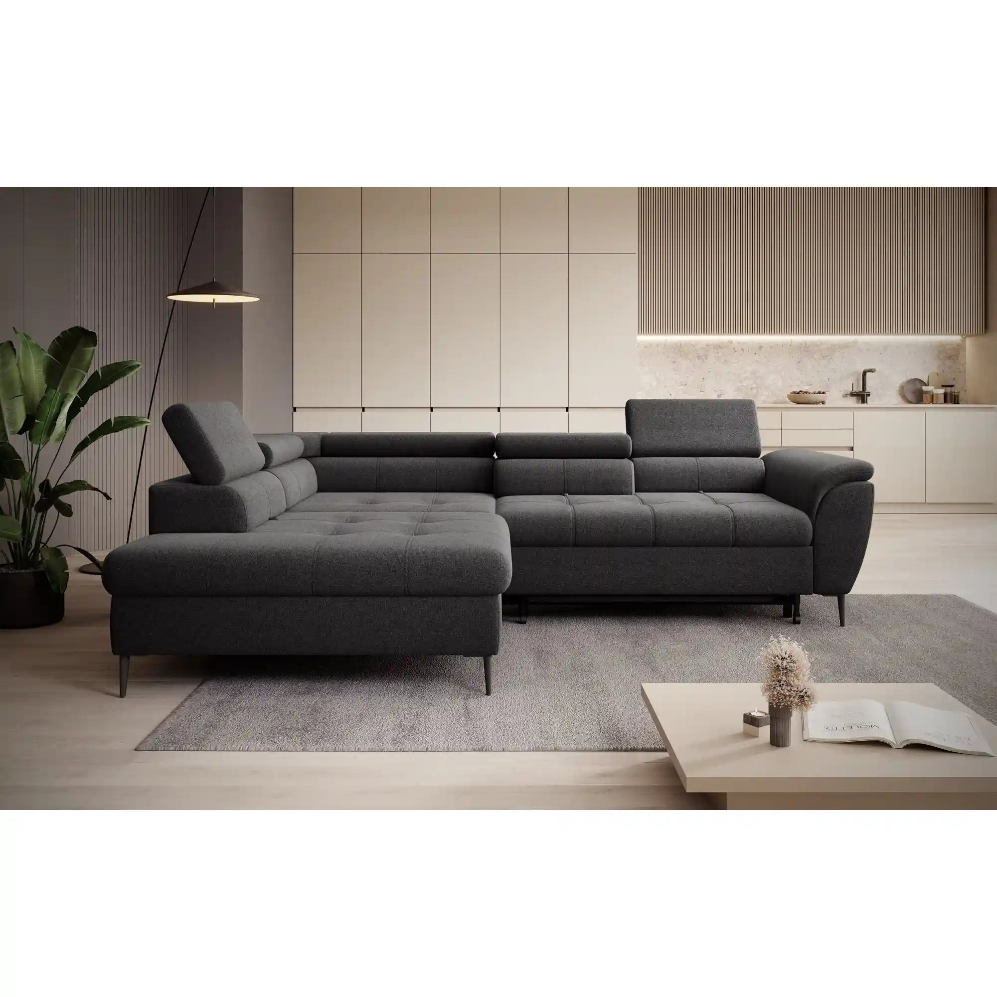 Coltar extensibil TEMPO NEW, personalizabil materiale gama Premium, cu lada depozitare si tetiere reglabile, 289x218x94 cm