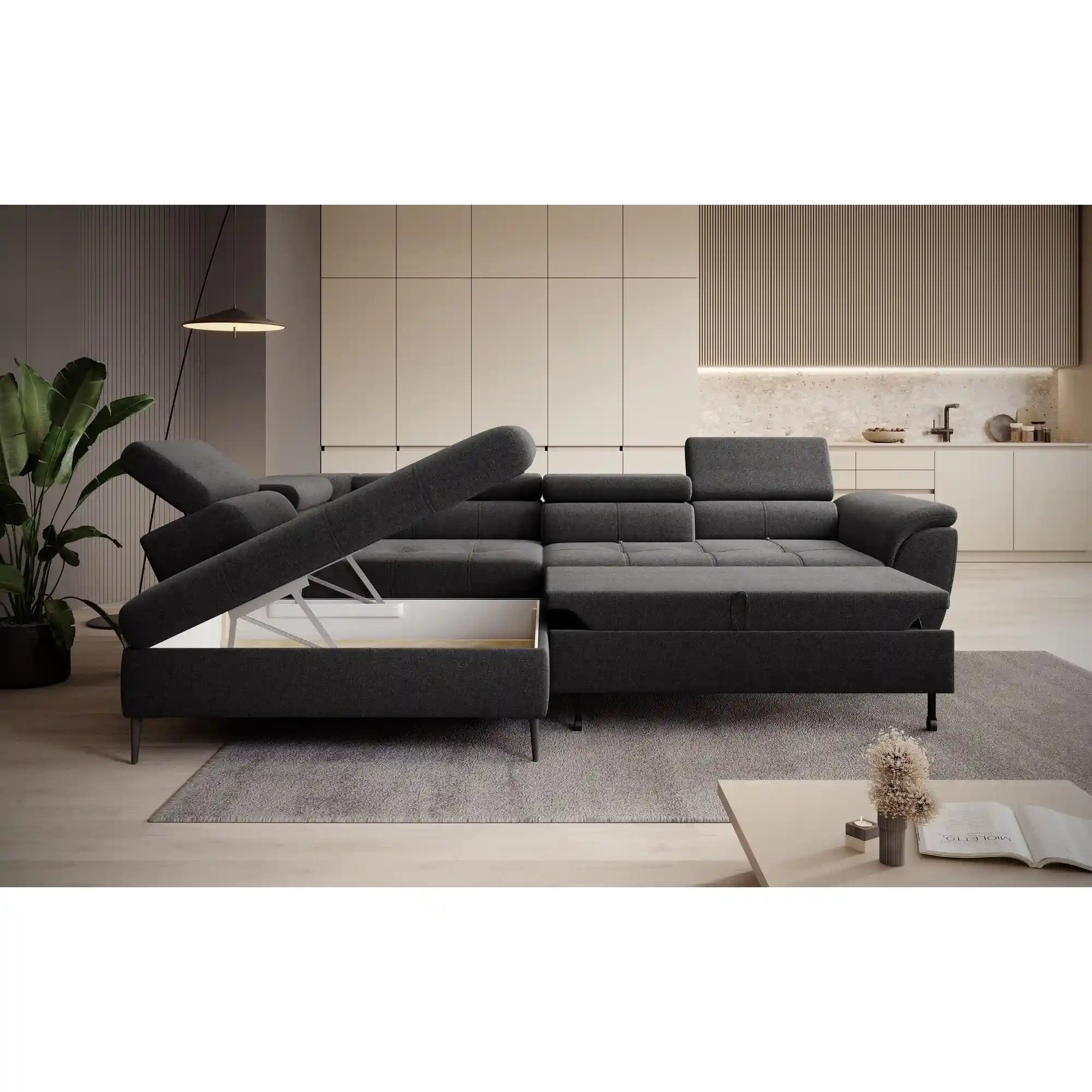 Coltar extensibil TEMPO NEW, personalizabil materiale gama Premium, cu lada depozitare si tetiere reglabile, 289x218x94 cm