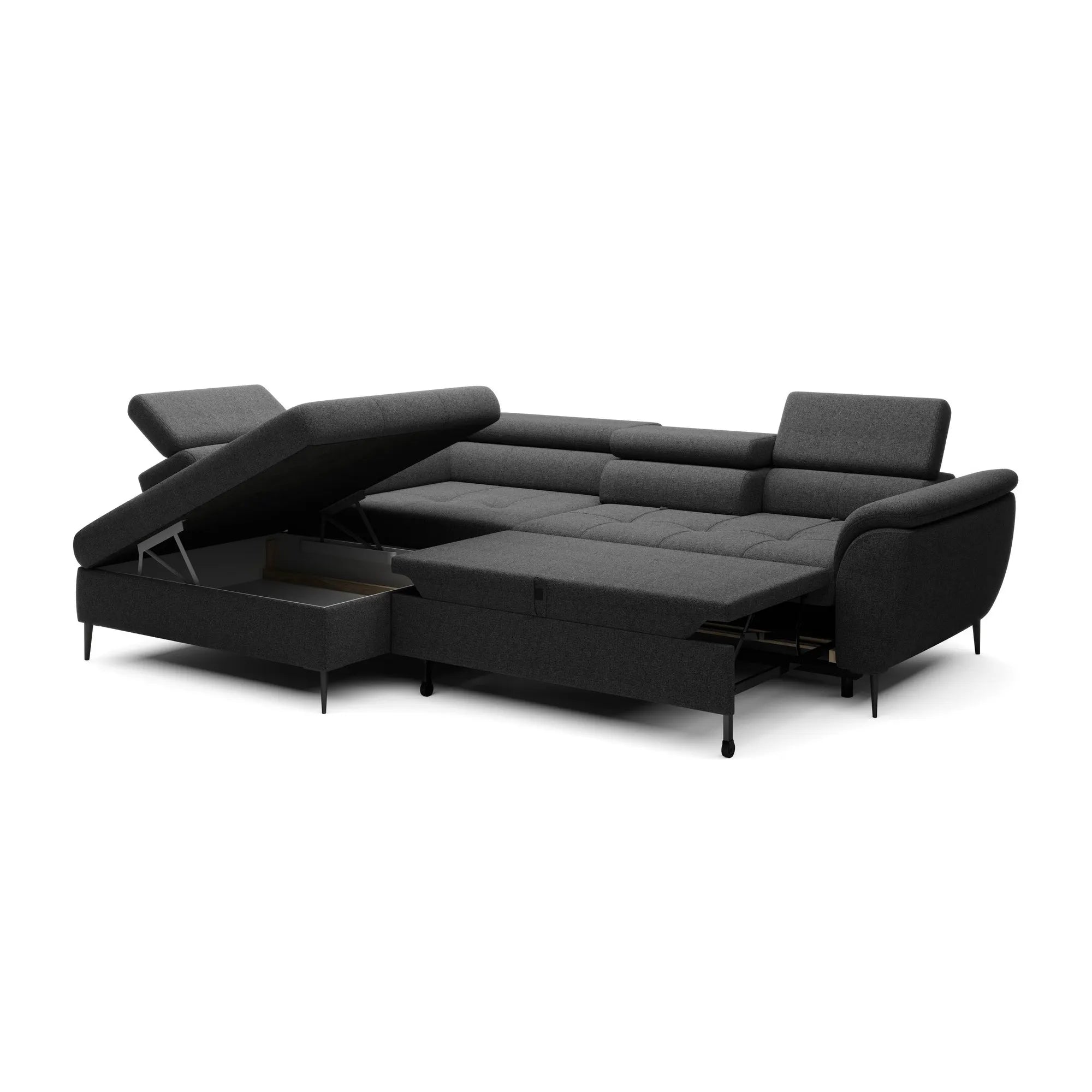 Coltar extensibil TEMPO NEW, personalizabil materiale gama Premium, cu lada depozitare si tetiere reglabile, 289x218x94 cm