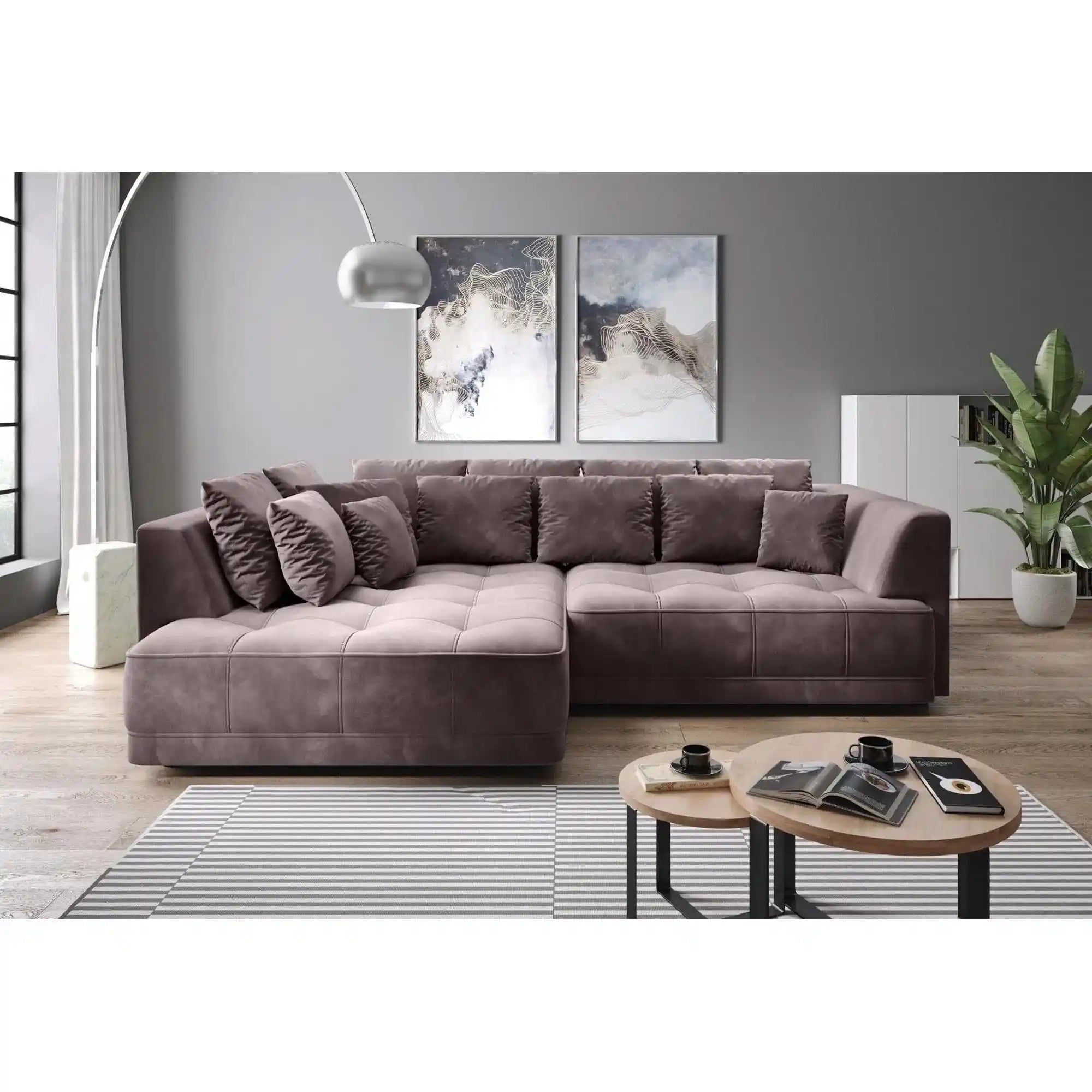 Coltar extensibil TIGA, sezlong stanga, stofa catifelata maro - Whisper 5, Gama Premium, cu reglaj electric, 286x207x77 cm