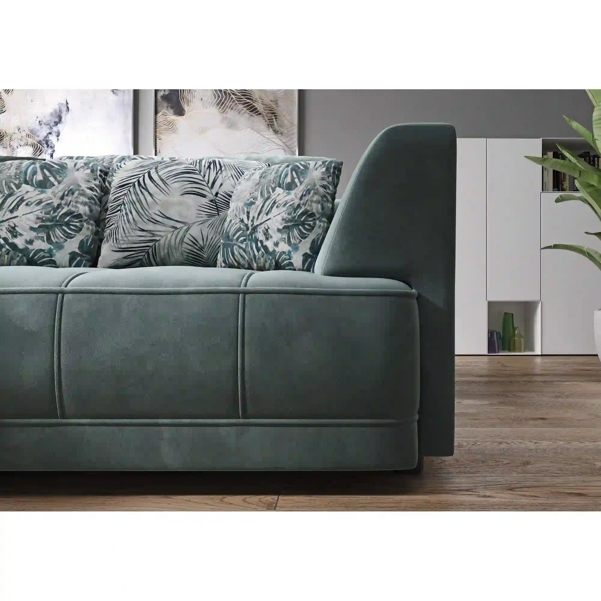 Coltar extensibil TIGA, sezlong stanga, stofa catifelata maro - Whisper 5, Gama Premium, cu reglaj electric, 286x207x77 cm