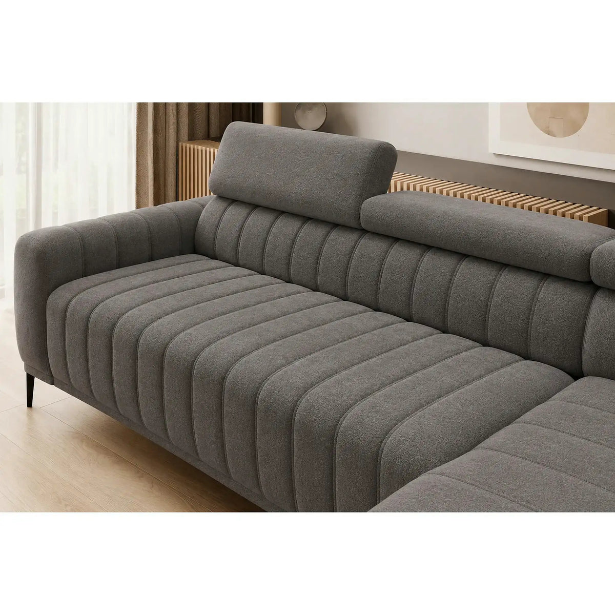 Coltar extensibil tip pat matrimonial GANDI 160, sezlong dreapta, stofa catifelata gri antracit - Salvador 15, cu lada depozitare, 301x204x99 cm