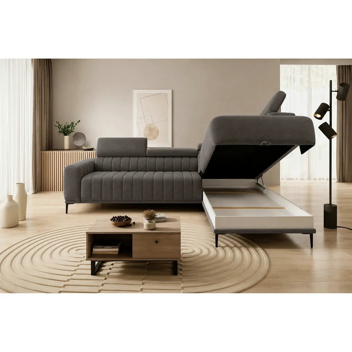 Coltar extensibil tip pat matrimonial GANDI 160, sezlong dreapta, stofa catifelata gri antracit - Salvador 15, cu lada depozitare, 301x204x99 cm