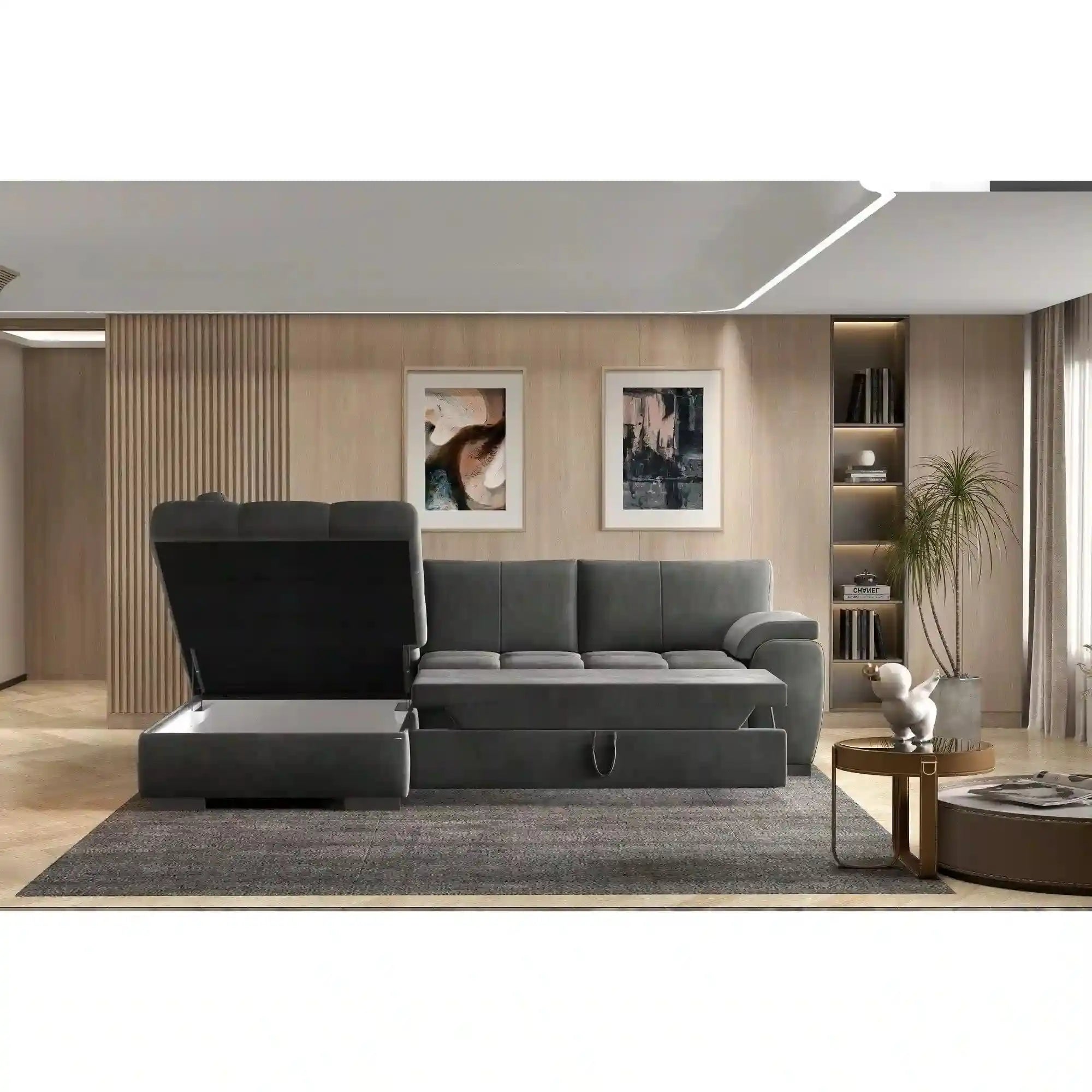 Coltar extensibil TOKIO, sezlong stanga, stofa catifelata verde inchis - Terra 39, Gama Premium, cu lada depozitare, 245x172x87 cm