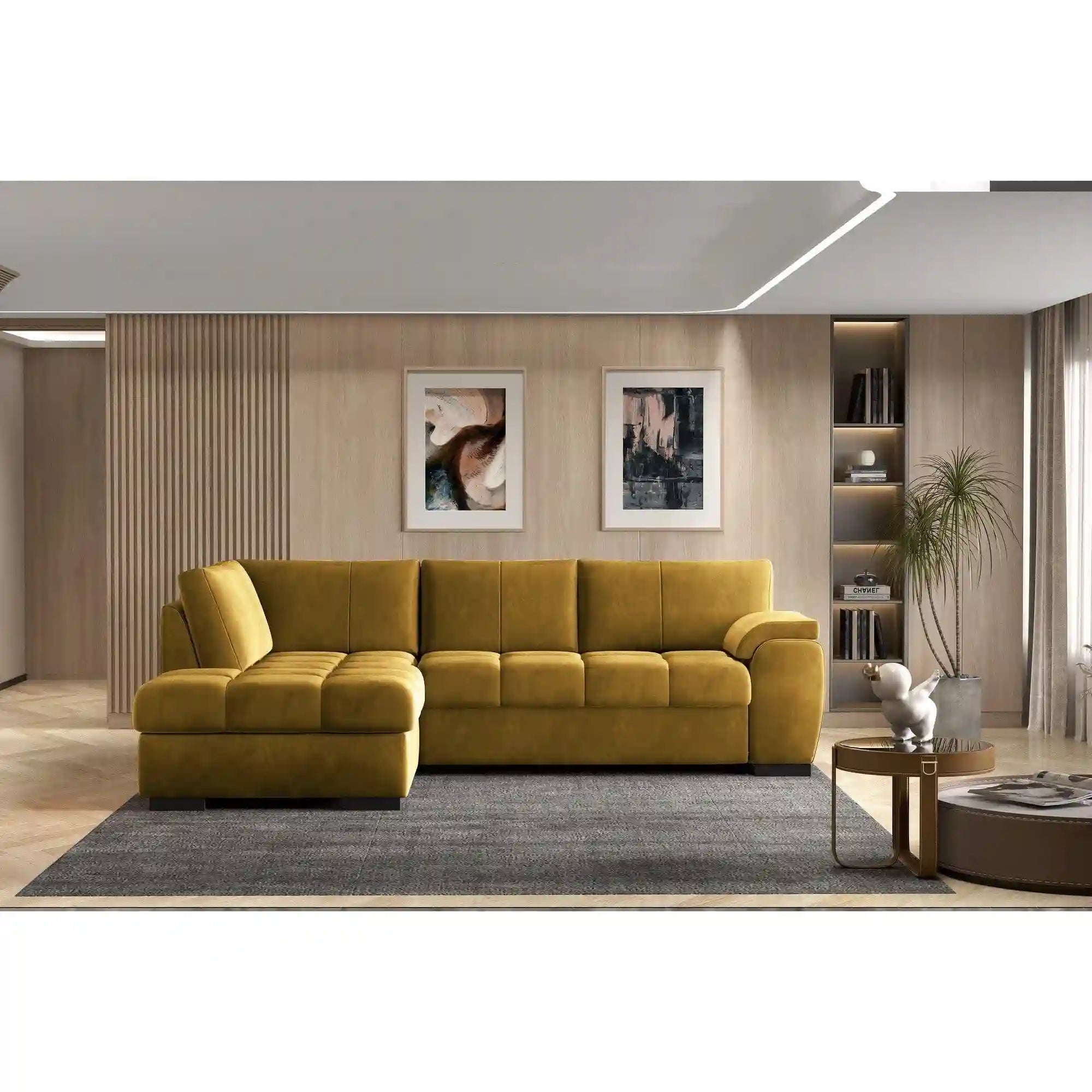 Coltar extensibil TOKIO, sezlong stanga, stofa catifelata verde inchis - Terra 39, Gama Premium, cu lada depozitare, 245x172x87 cm