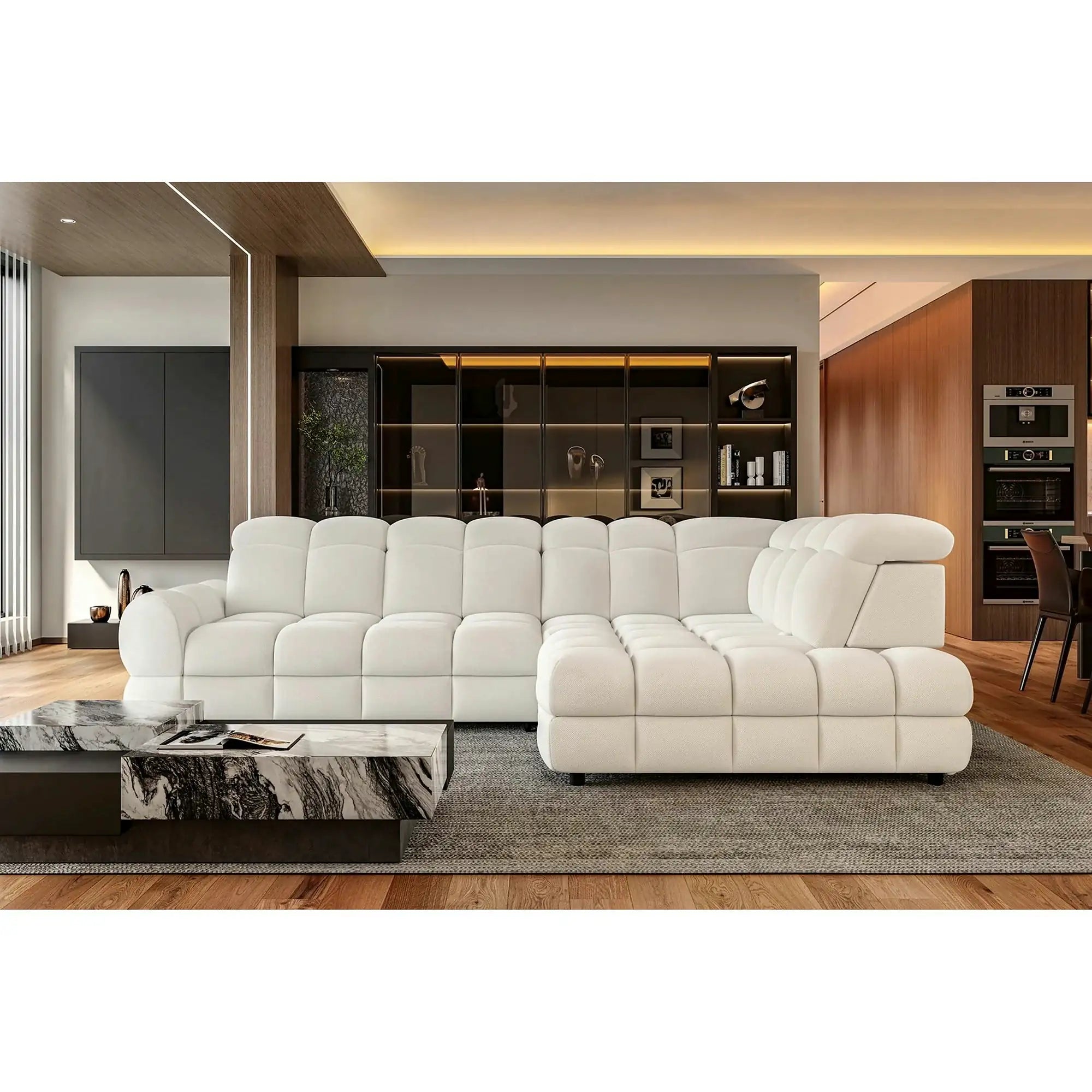 Coltar extensibil TOLLO L, personalizabil, cu lada depozitare si reglaj electric, 302x220x106 cm