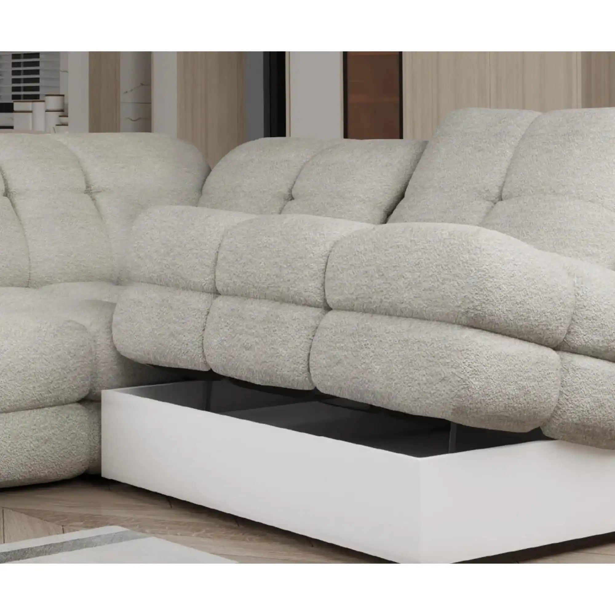 Coltar extensibil TOLLO L, personalizabil materiale gama Oferta Avantaj, cu lada depozitare si reglaj electric, 302x217x105 cm