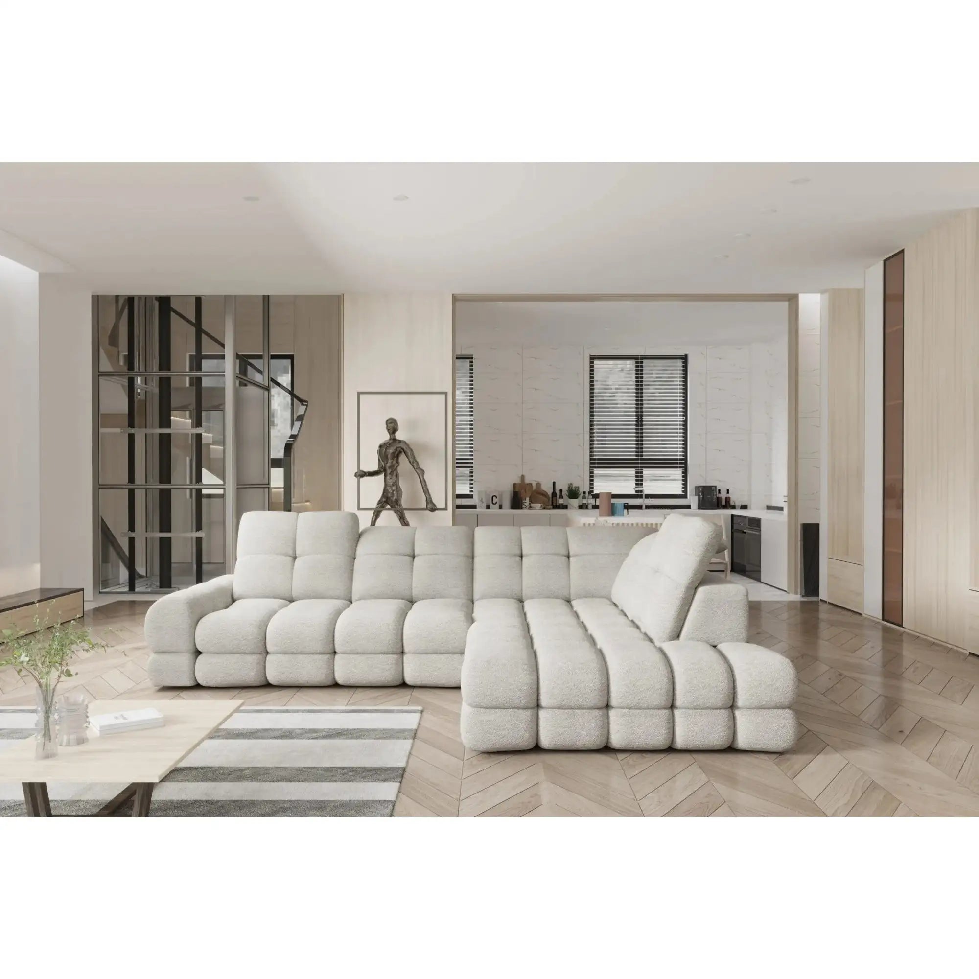 Coltar extensibil TOLLO L, sezlong dreapta, stofa catifelata bej - Whisper 3, Gama Premium, cu lada depozitare si reglaj electric, 302x217x105 cm