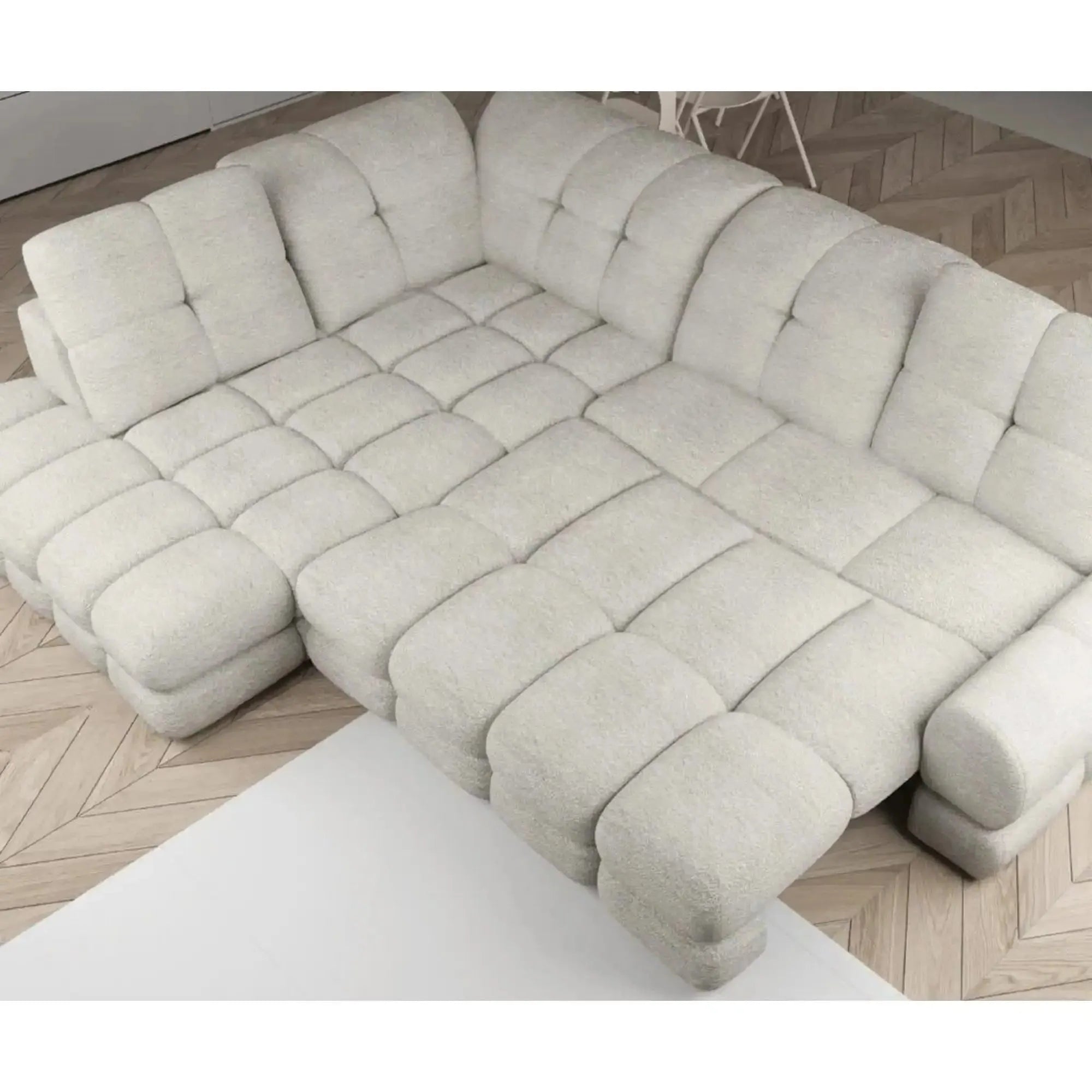 Coltar extensibil TOLLO L, sezlong stanga, stofa catifelata crem deschis - Shanghai 01, Gama Premium, cu lada depozitare si reglaj electric, 302x217x105 cm