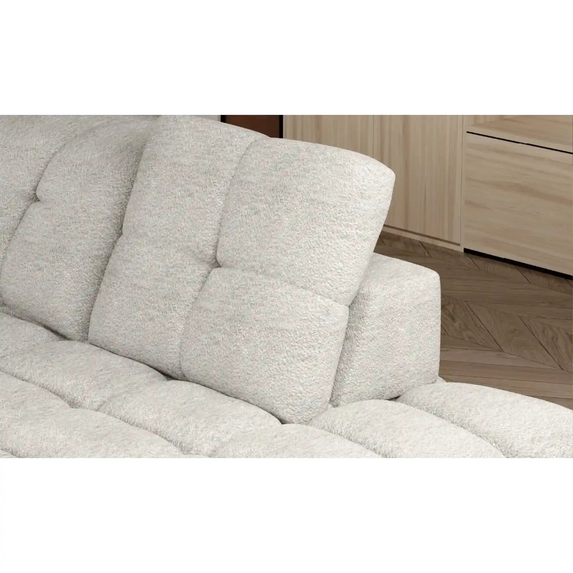 Coltar extensibil TOLLO L, sezlong stanga, stofa buclata alb - Bubble 01, Gama Premium, cu lada depozitare si reglaj electric, 302x217x105 cm