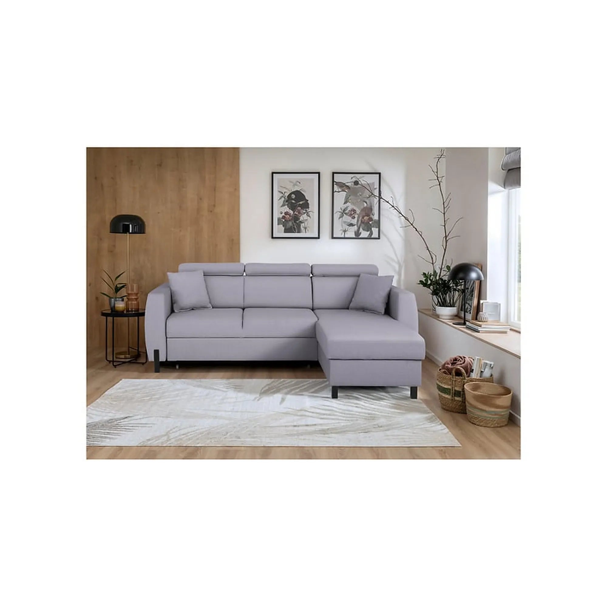 Coltar extensibil TULIO, sezlong dreapta, stofa catifelata gri - Maya 19, cu lada depozitare, 245x215x92 cm