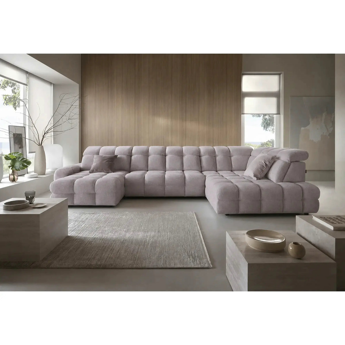 Coltar extensibil U TOLLO XL, sezlong dreapta, stofa catifelata bej - Whisper 3, cu lada depozitare si reglaj electric, 400x220x106 cm