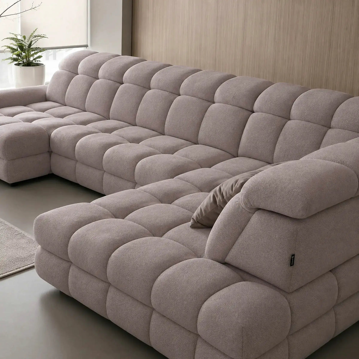 Coltar extensibil U TOLLO XL, sezlong dreapta, stofa catifelata bej - Whisper 3, cu lada depozitare si reglaj electric, 400x220x106 cm