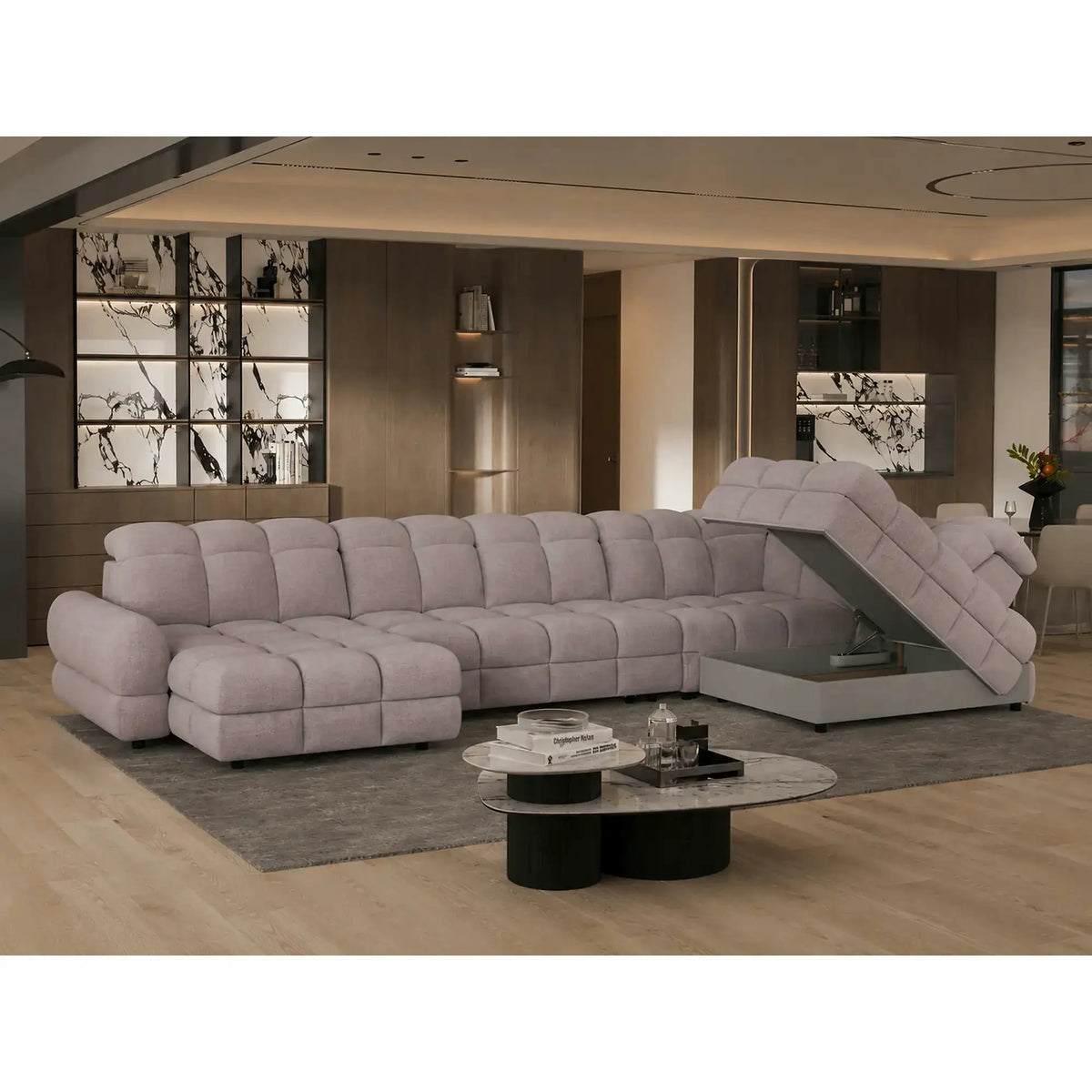 Coltar extensibil U TOLLO XL, sezlong dreapta, stofa catifelata bej - Whisper 3, cu lada depozitare si reglaj electric, 400x220x106 cm