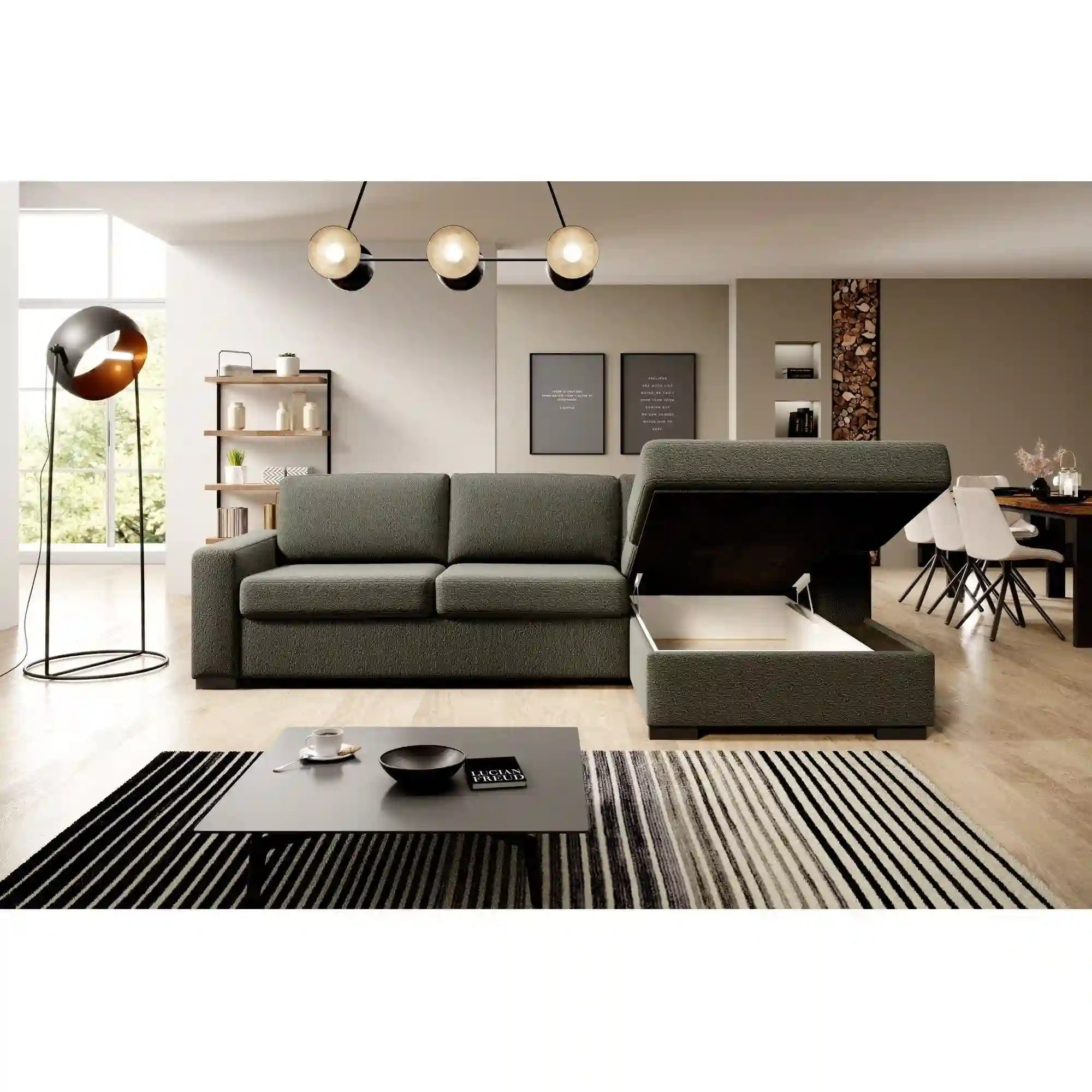 Coltar extensibil VANILLA CORNER 120, personalizabil materiale Gama Premium, cu lada depozitare, 263x173x87 cm