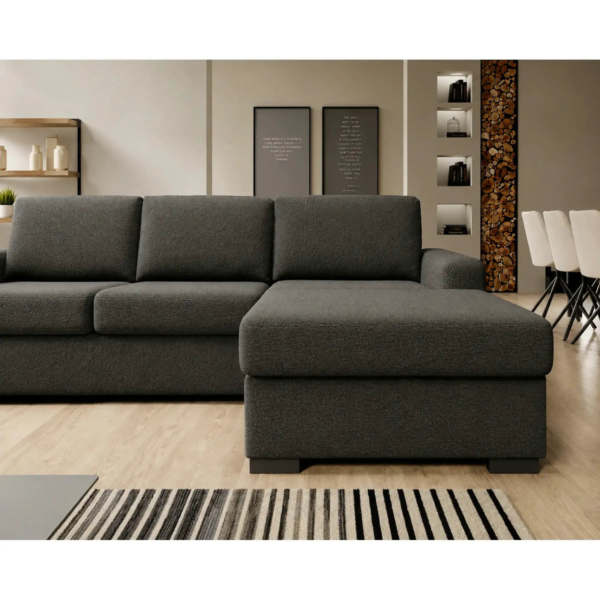 Coltar extensibil VANILLA CORNER 140, sezlong dreapta, stofa catifelata gri antracit - Salvador 15, cu lada depozitare, 283x173x87 cm