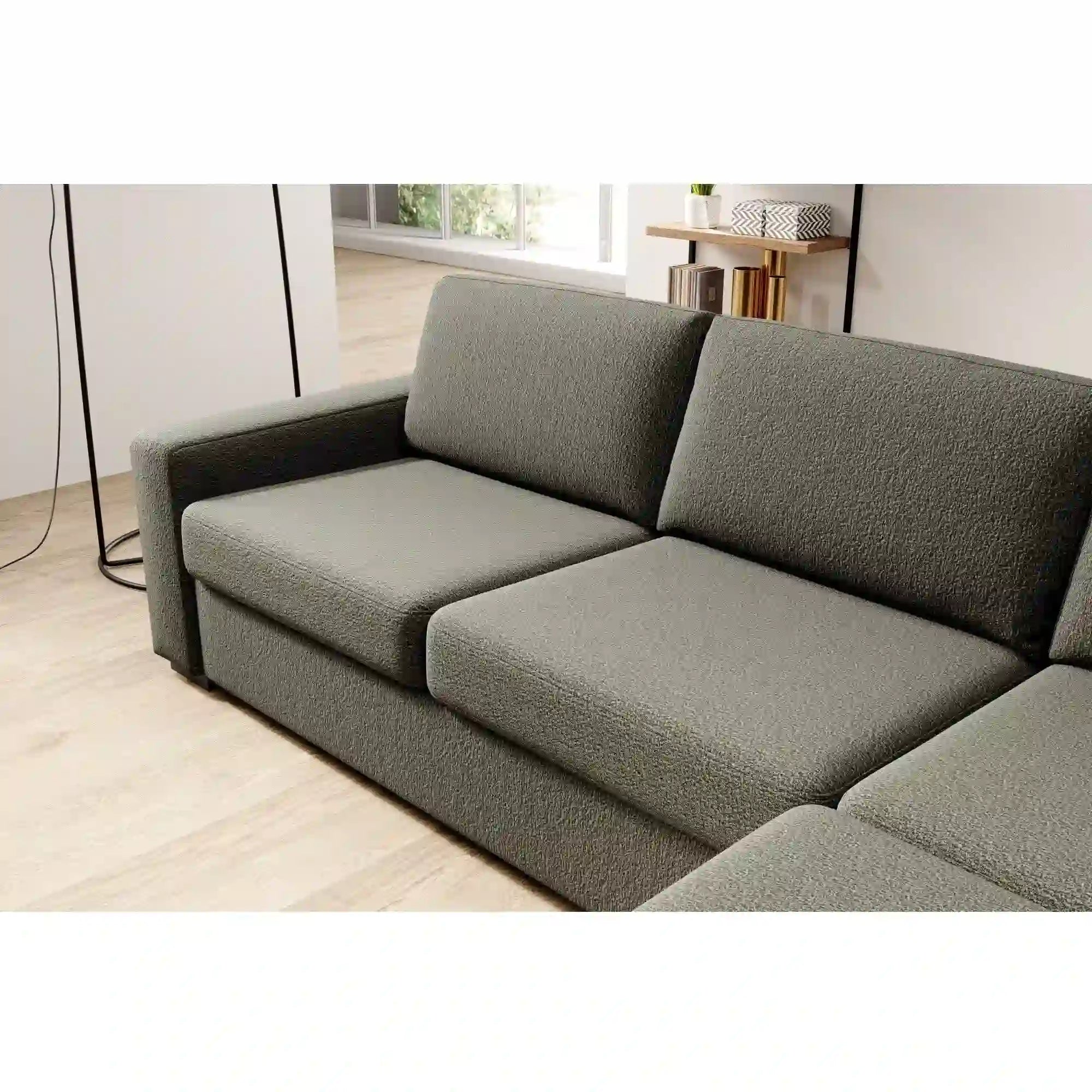 Coltar extensibil VANILLA CORNER 160, sezlong stanga, stofa catifelata gri - Salvador 14, gama Premium, cu lada depozitare, 303x173x87 cm