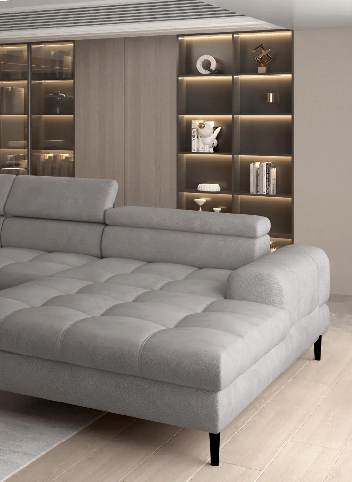 Coltar extensibil VOSS XL, sezlong dreapta, stofa catifelata gri - Whisper 17, Gama Premium, cu lada depozitare, 373x218x94 cm