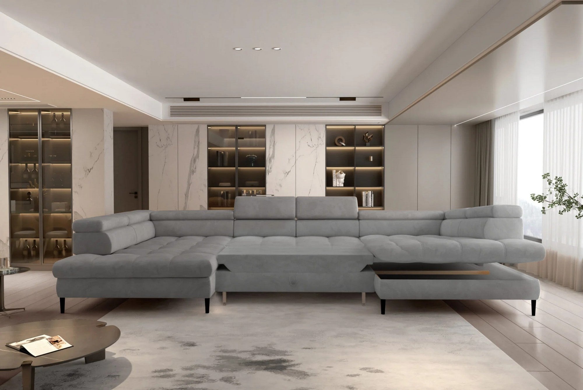 Coltar extensibil VOSS XL, sezlong dreapta, stofa catifelata gri - Whisper 17, Gama Premium, cu lada depozitare, 373x218x94 cm