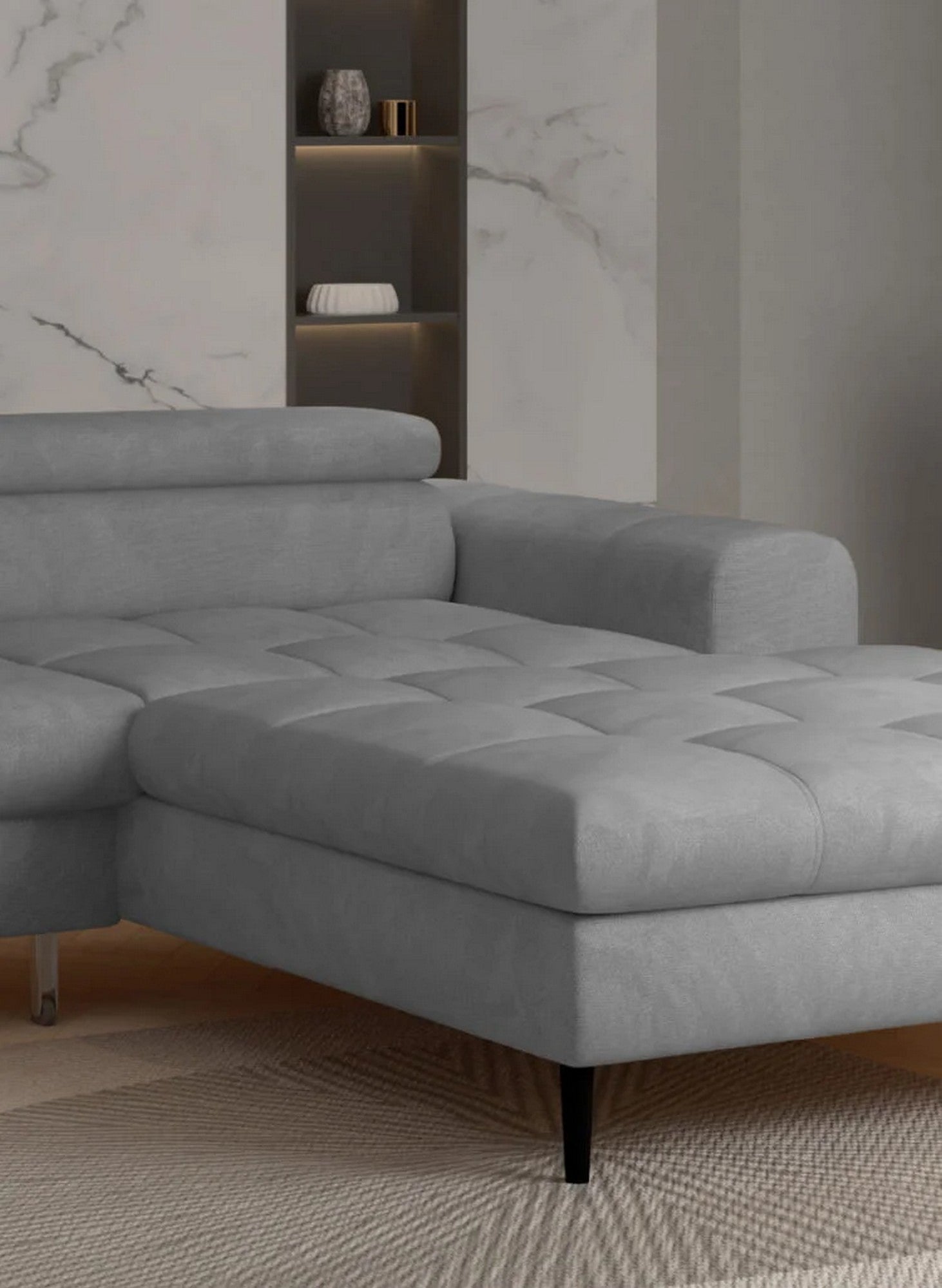 Coltar extensibil VOSS XL, sezlong dreapta, stofa catifelata gri - Whisper 17, Gama Premium, cu lada depozitare, 373x218x94 cm