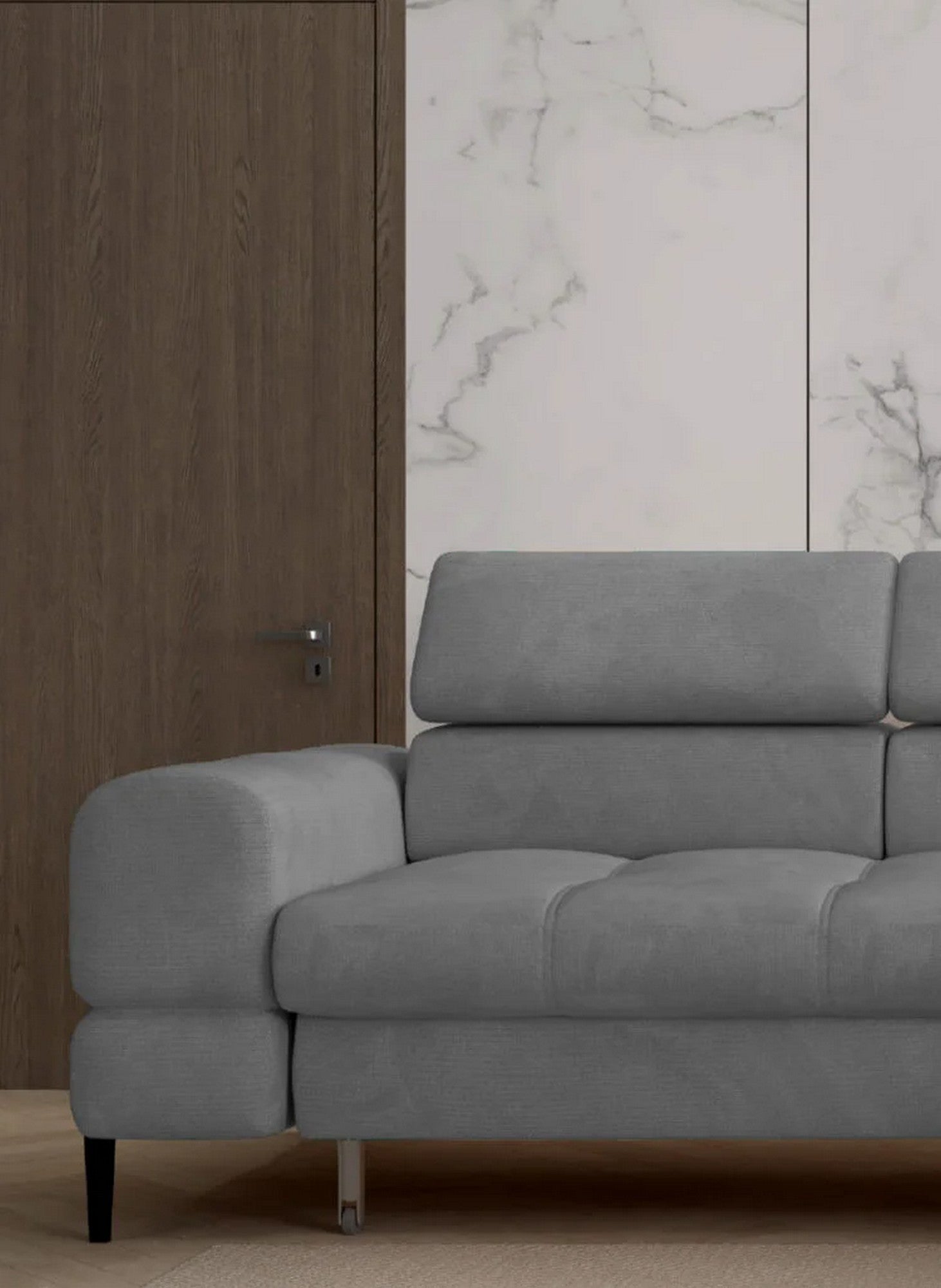 Coltar extensibil VOSS XL, sezlong dreapta, stofa catifelata gri - Whisper 17, Gama Premium, cu lada depozitare, 373x218x94 cm