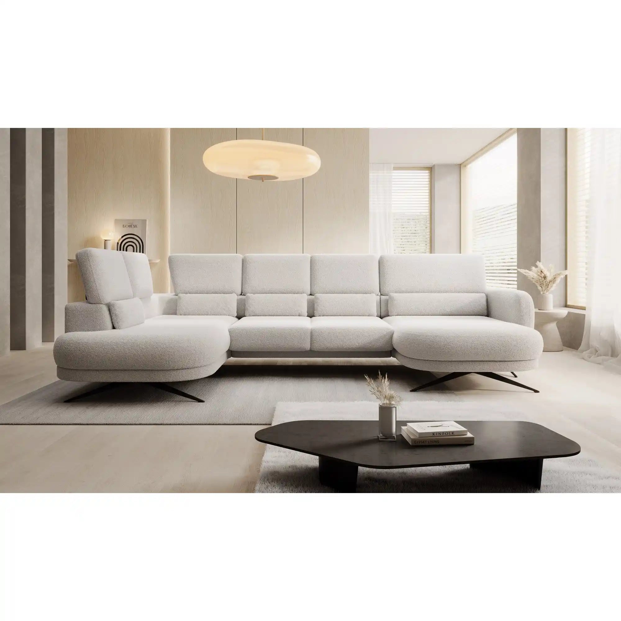 Coltar ILUSIO XL, sezlong stanga, stofa crem - Rosario 451, Gama Premium, cu reglaj electric si tetiere reglabile, 346x205x104 cm