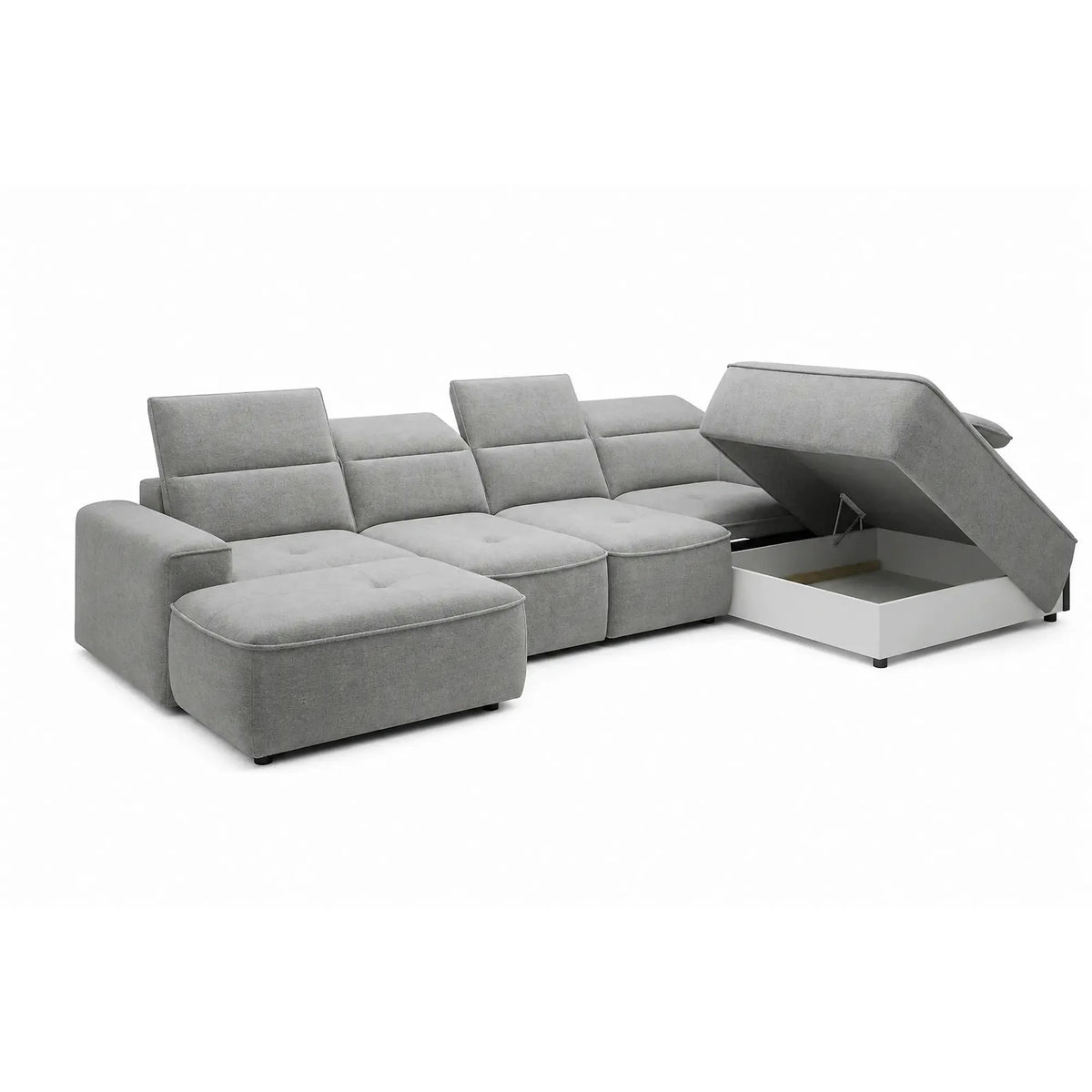 Coltar living in forma de U COLOMBO XL, sezlong dreapta, stofa catifelata gri - Salvador 14, cu reglaj electric si lada depozitare, 376x227x103 cm