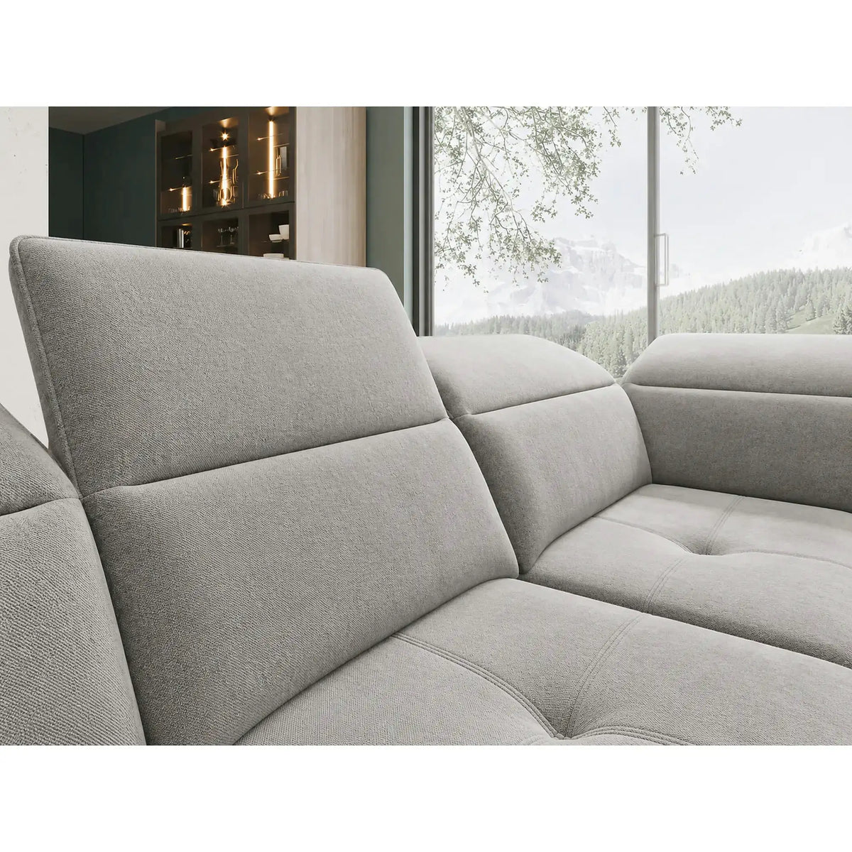 Coltar living in forma de U COLOMBO XL, sezlong dreapta, stofa catifelata gri - Salvador 14, cu reglaj electric si lada depozitare, 376x227x103 cm