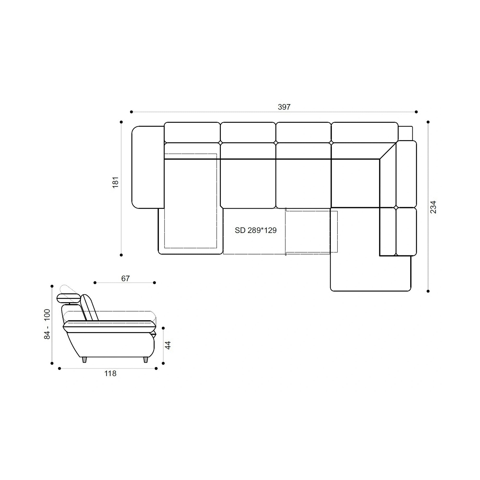Coltar living SIENA U, sezlong stanga, stofa gri - Frisco G706, 397x234x100 cm