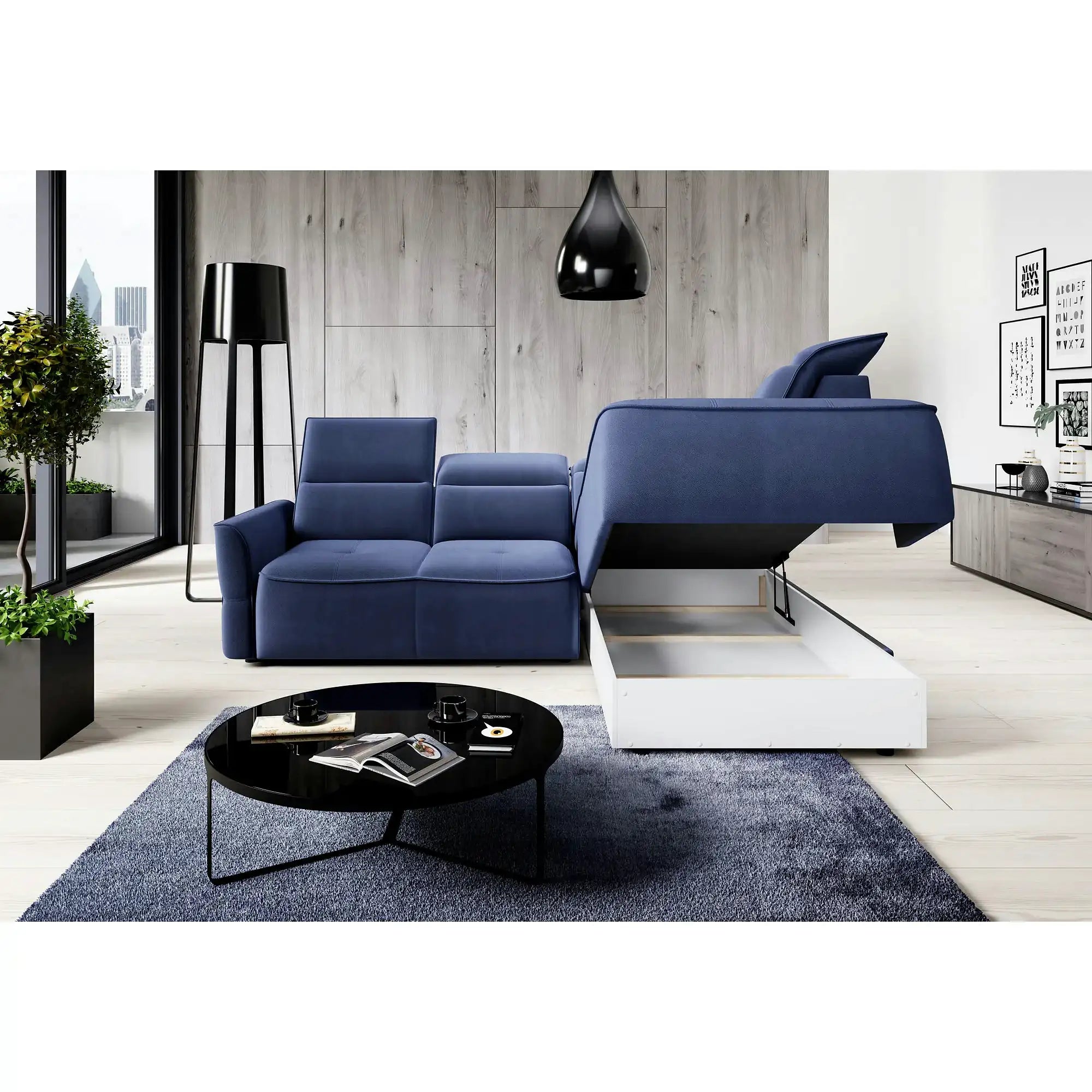 Coltar MURILLO L, personalizabil, cu reglaj electric, tetiere reglabile si lada depozitare, 261x218x100 cm