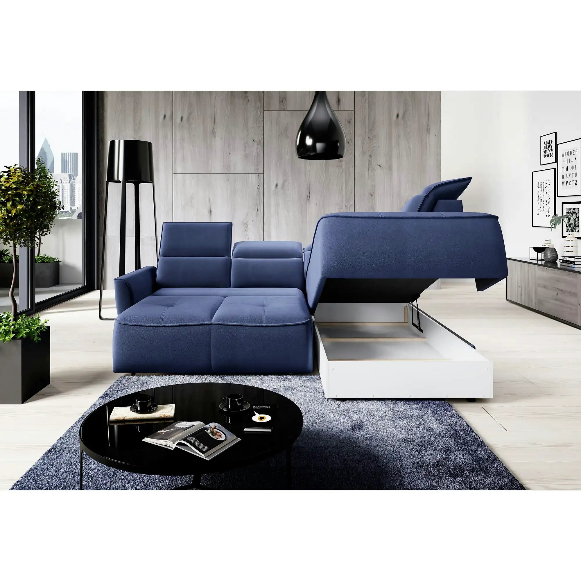 Coltar MURILLO L, personalizabil, cu reglaj electric, tetiere reglabile si lada depozitare, 261x218x100 cm
