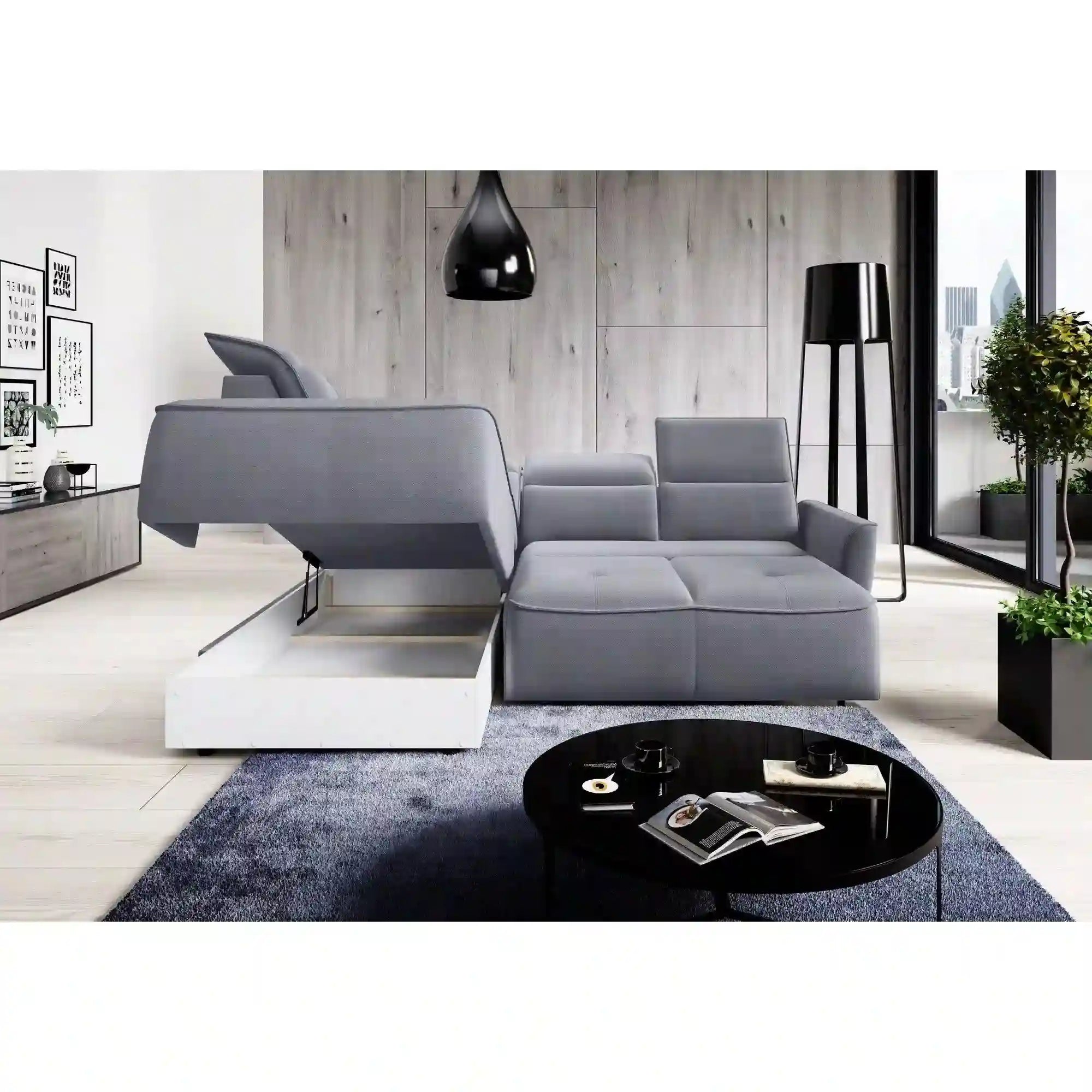 Coltar MURILLO L, sezlong stanga, stofa catifelata gri antracit - Whisper 18, Gama Premium, cu reglaj electric, tetiere reglabile si lada depozitare, 261x218x100 cm