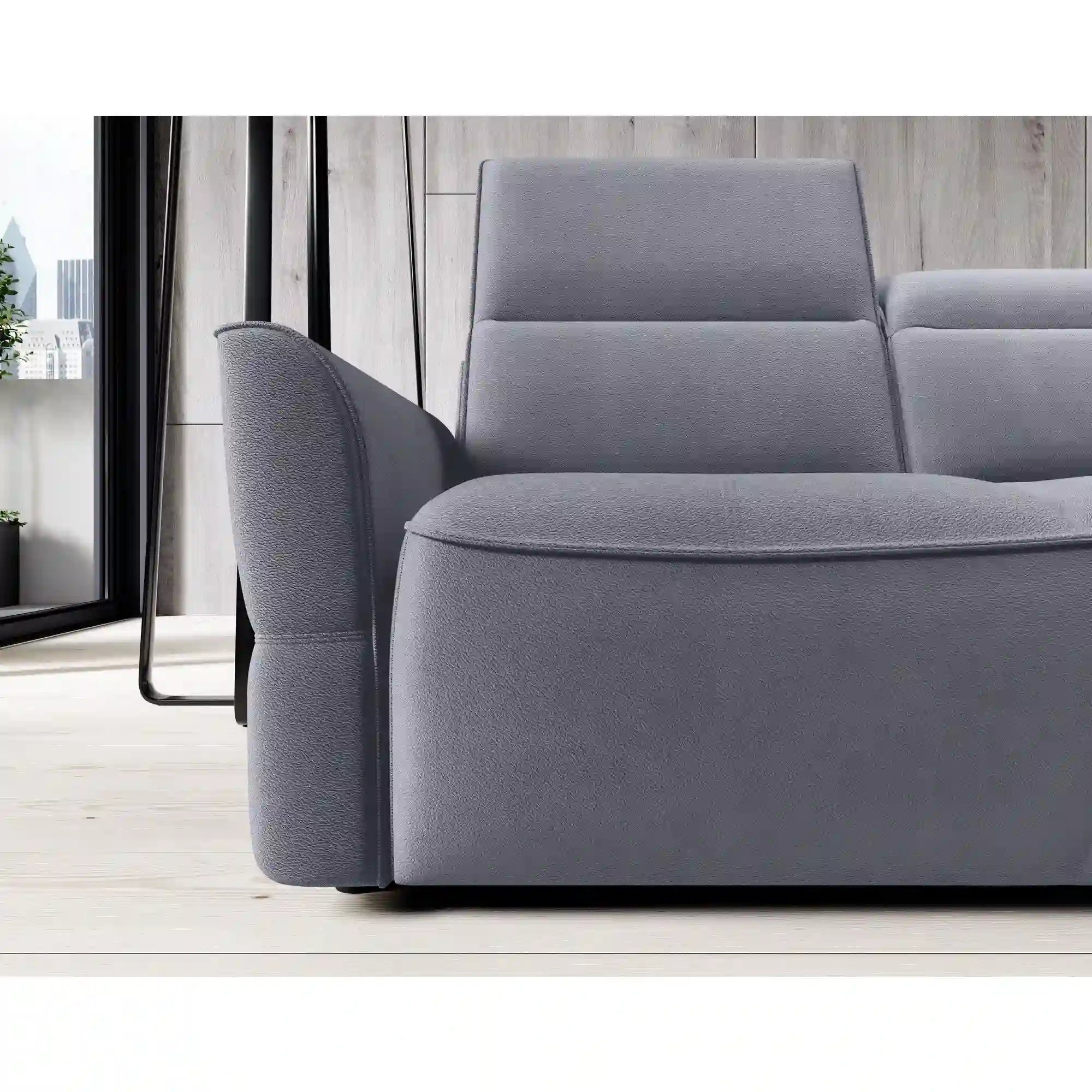 Coltar MURILLO L, sezlong stanga, stofa catifelata gri antracit - Whisper 18, Gama Premium, cu reglaj electric, tetiere reglabile si lada depozitare, 261x218x100 cm