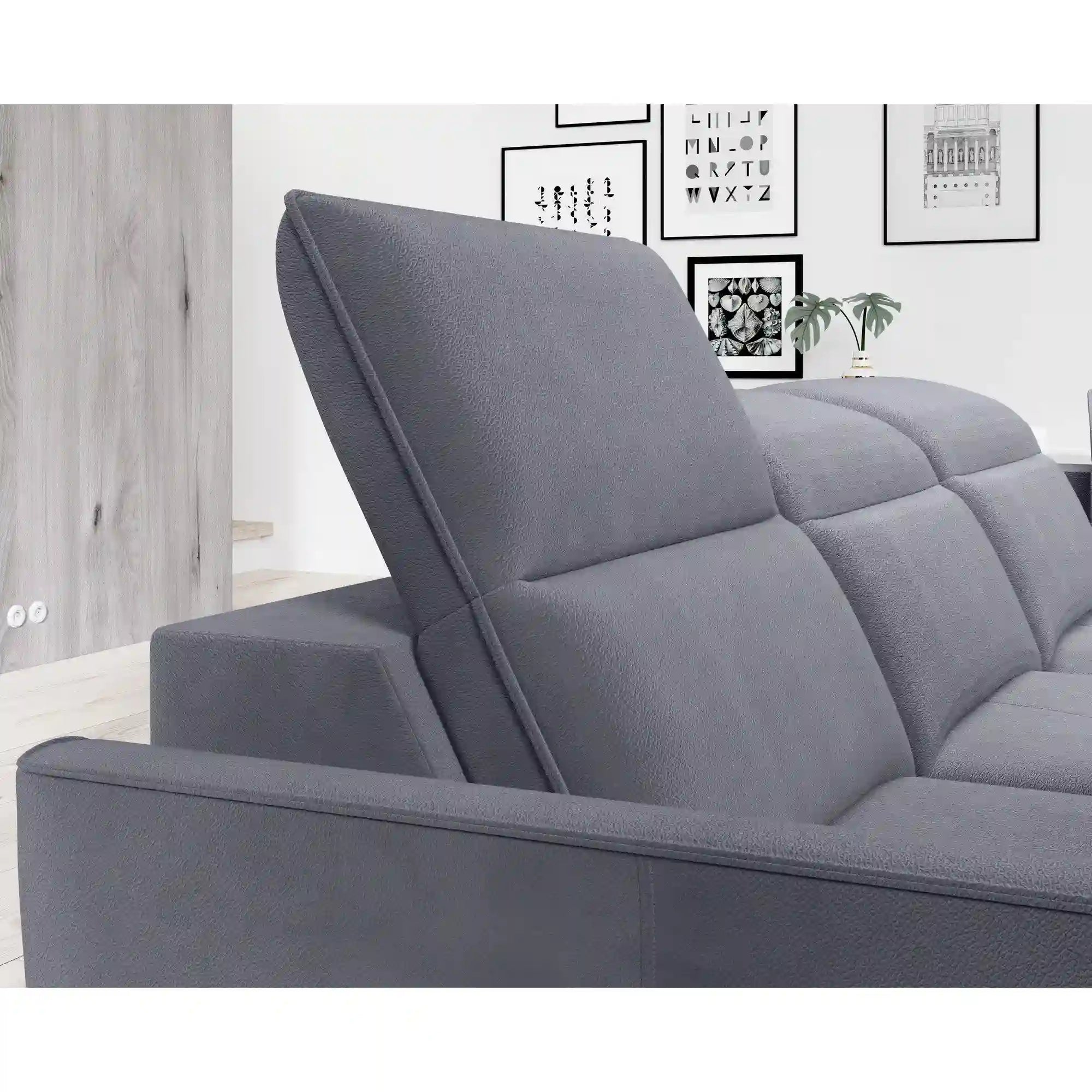 Coltar MURILLO L, sezlong stanga, stofa catifelata gri antracit - Whisper 18, Gama Premium, cu reglaj electric, tetiere reglabile si lada depozitare, 261x218x100 cm