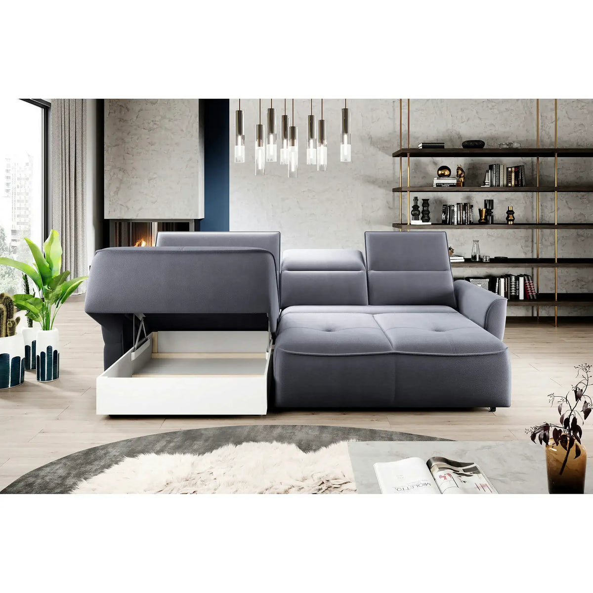 Coltar MURILLO MINI, personalizabil, cu reglaj electric, tetiere reglabile si lada depozitare, 260x175x100 cm