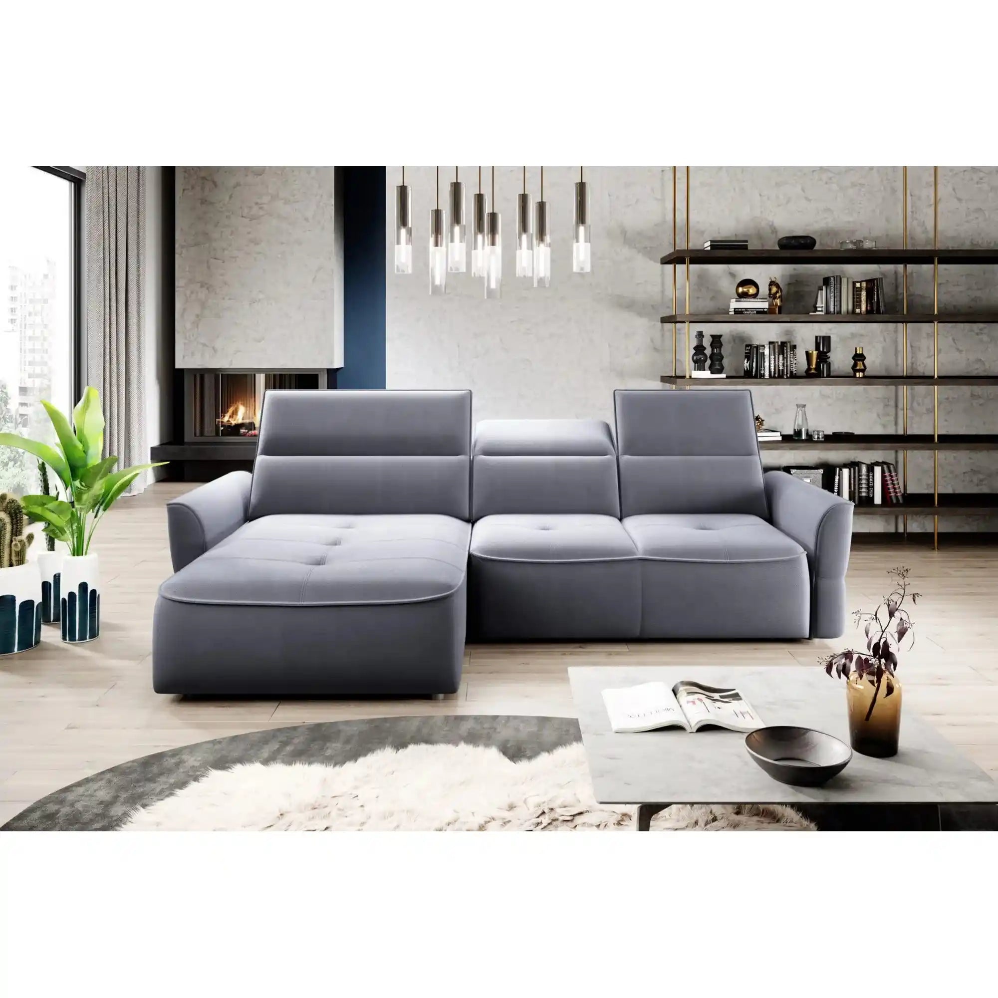 Coltar MURILLO MINI, sezlong stanga, stofa gri - Rosario 453, cu reglaj electric, tetiere reglabile si lada depozitare 260x175x87/100 cm