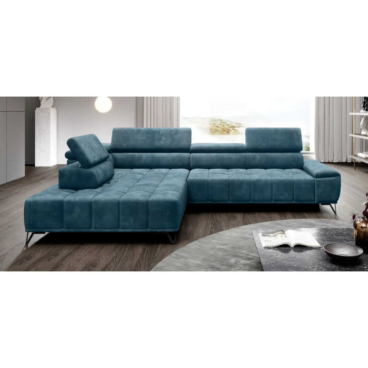 Coltar cu sezlong PALLADIO L, sezlong stanga, stofa catifelata albastru inchis - Riviera 81, Gama Premium, cu reglaj electric si tetiere reglabile, 320x220x99 cm