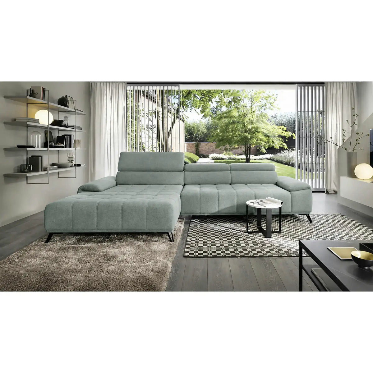 Coltar PALLADIO MINI, sezlong stanga, stofa catifelata verde menta - Salvador 12, cu tetiere reglabile si reglaj electric, 322X183X99 cm