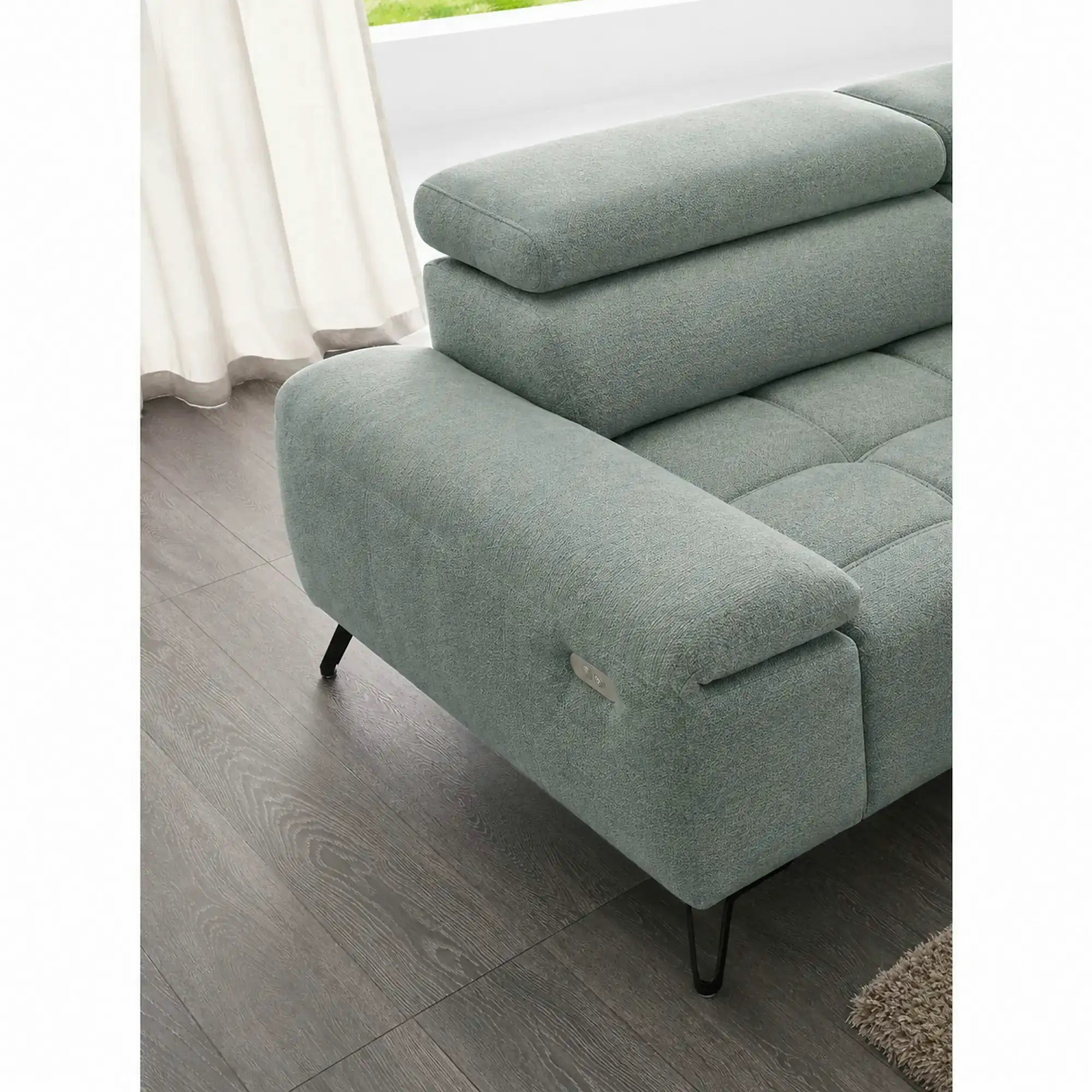 Coltar PALLADIO MINI, sezlong stanga, stofa catifelata verde menta - Salvador 12, cu tetiere reglabile si reglaj electric, 322X183X99 cm