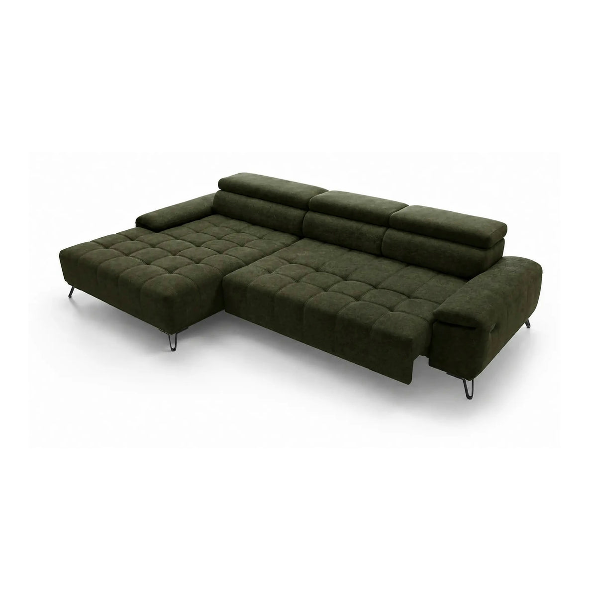 Coltar PALLADIO MINI, sezlong stanga, stofa catifelata verde - Whisper 11, cu tetiere reglabile si reglaj electric, 322x183x99 cm