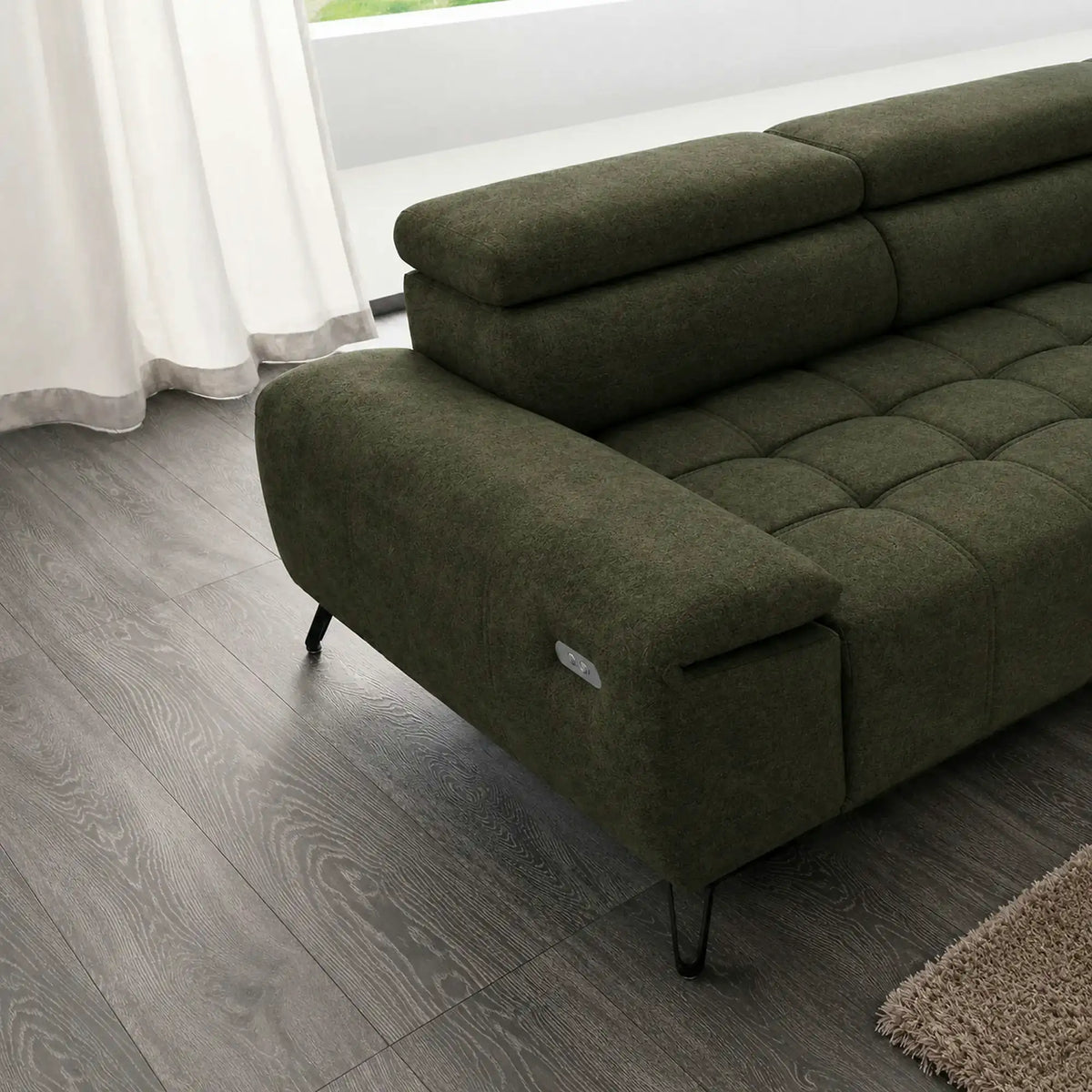 Coltar PALLADIO MINI, sezlong stanga, stofa catifelata verde - Whisper 11, cu tetiere reglabile si reglaj electric, 322x183x99 cm