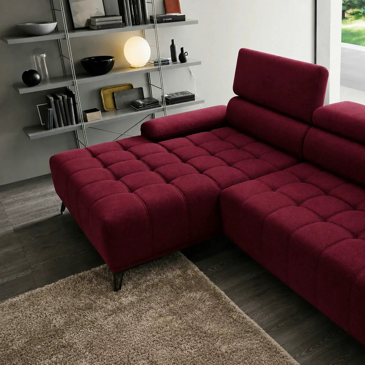 Coltar PALLADIO MINI, sezlong stanga, stofa catifelata visiniu - Riviera 59, cu tetiere reglabile si reglaj electric, 322x183x99 cm