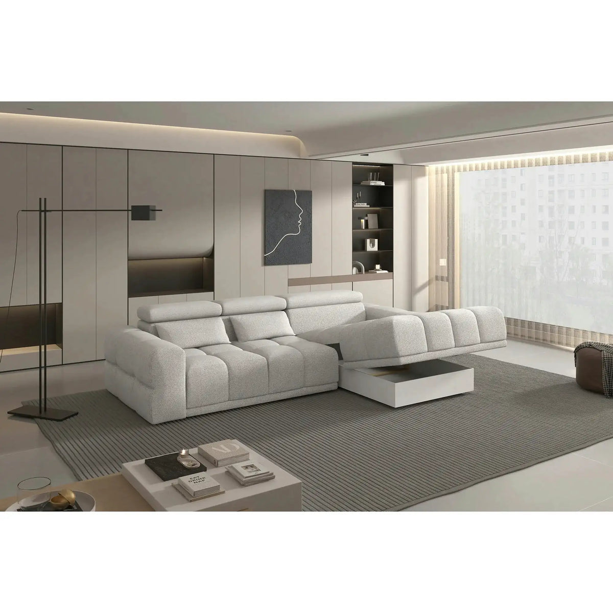 Coltar PANAMA BOX S, personalizabil, cu lada depozitare si reglaj electric, 290x188x98 cm